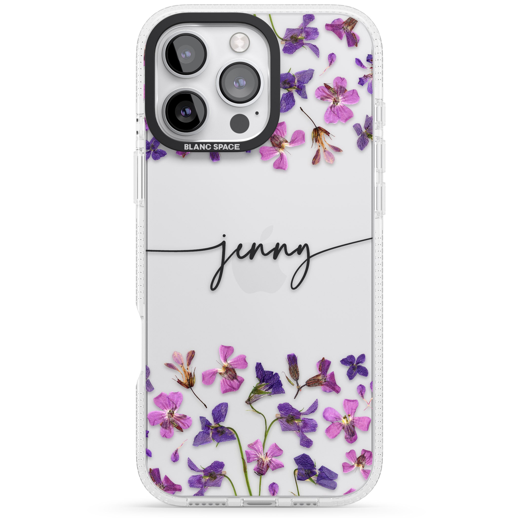 Personalised Purple Violets iPhone 16 Pro Max / 16 Pro Clear Case Impact Air - Blanc Space