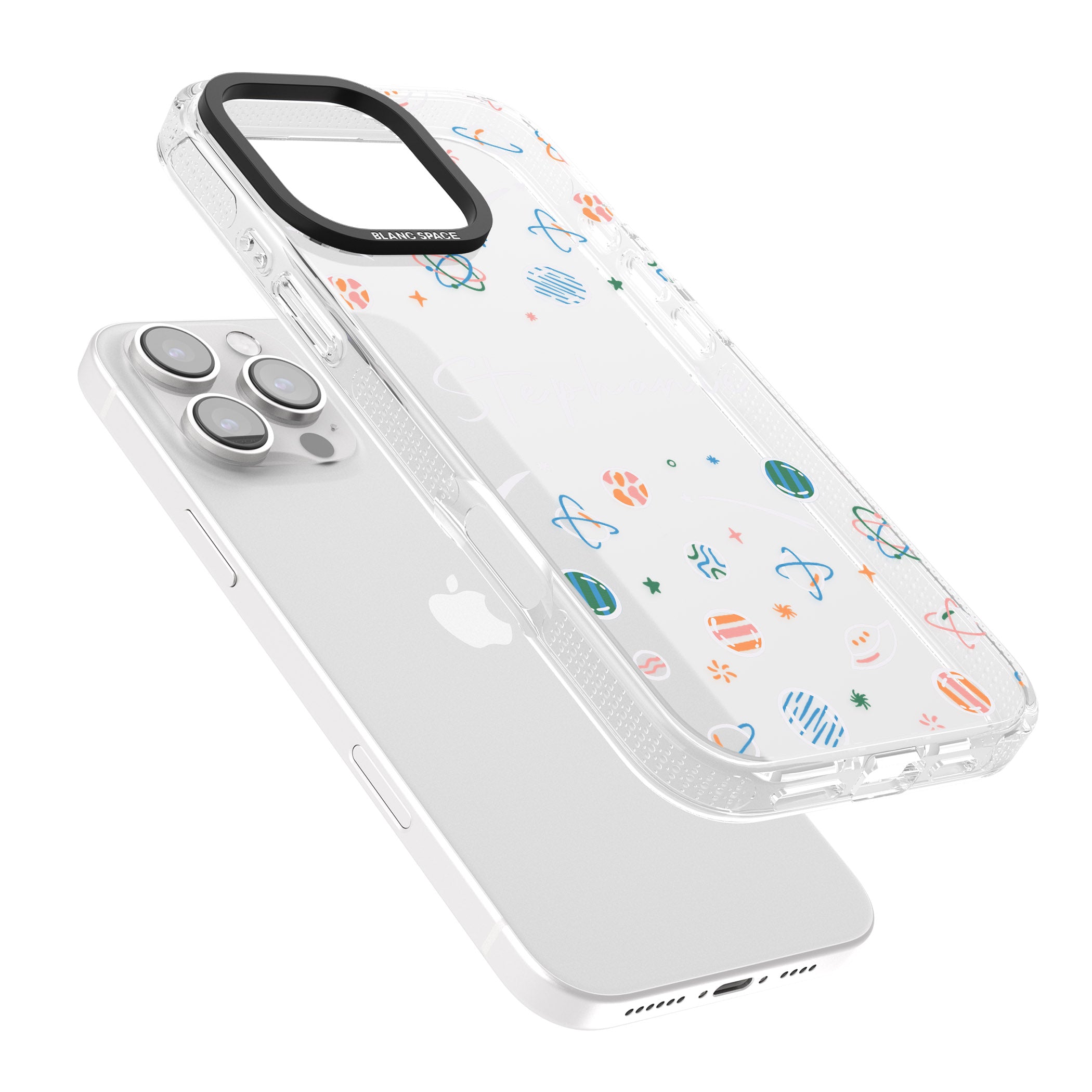 Personalised Space Pattern White iPhone 16 Pro Max / 16 Pro Clear Case Impact Air - Blanc Space