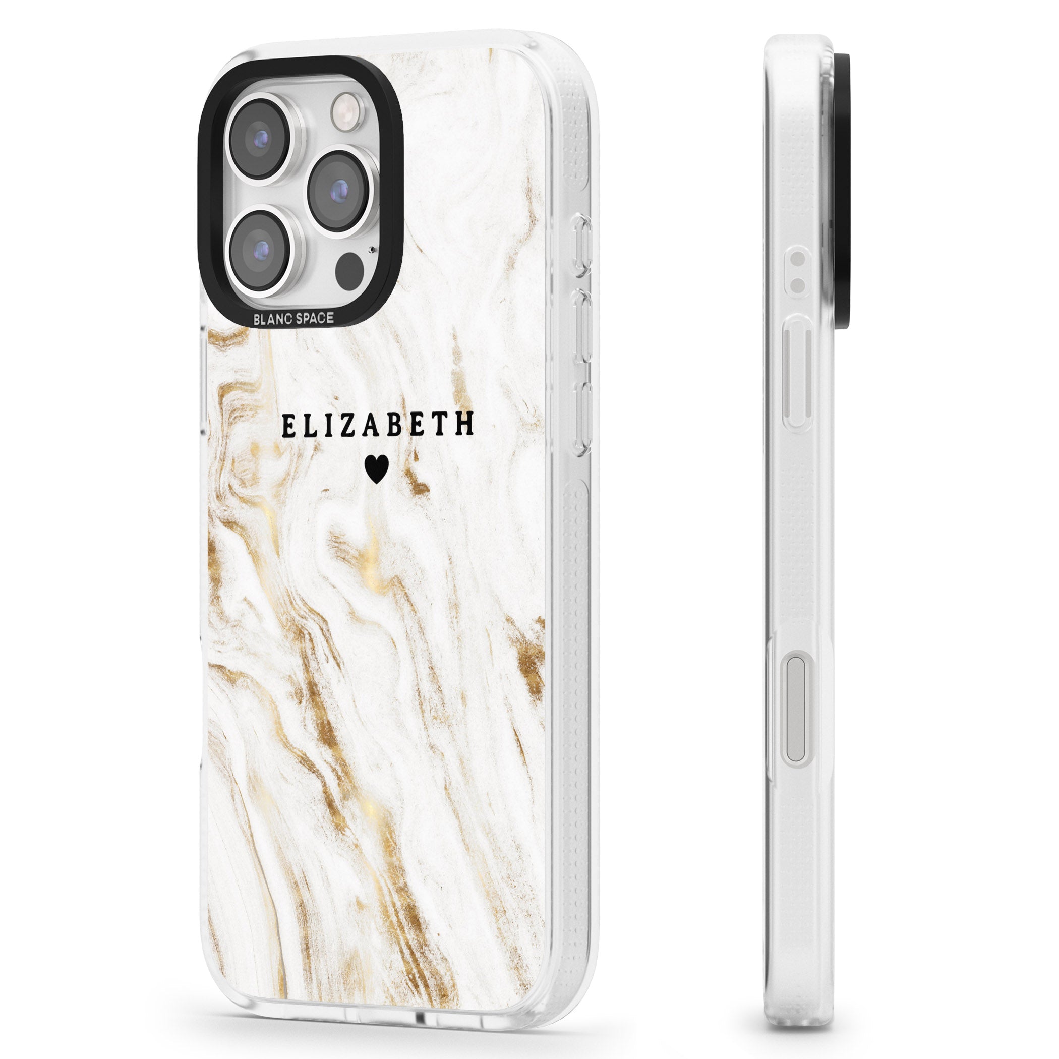 Personalised White & Gold Swirl Marble iPhone 16 Pro Max / 16 Pro Clear Case Impact Air - Blanc Space