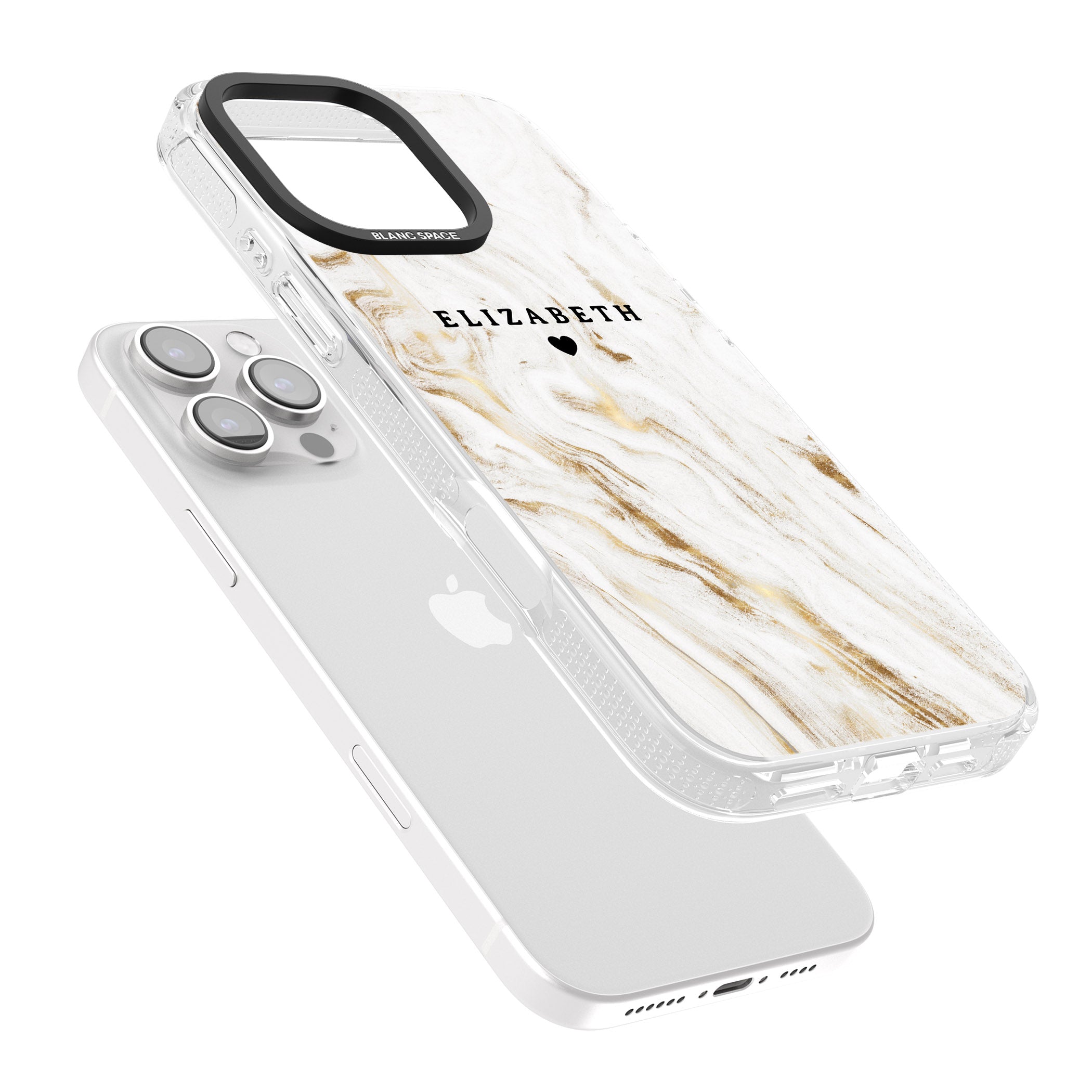 Personalised White & Gold Swirl Marble iPhone 16 Pro Max / 16 Pro Clear Case Impact Air - Blanc Space