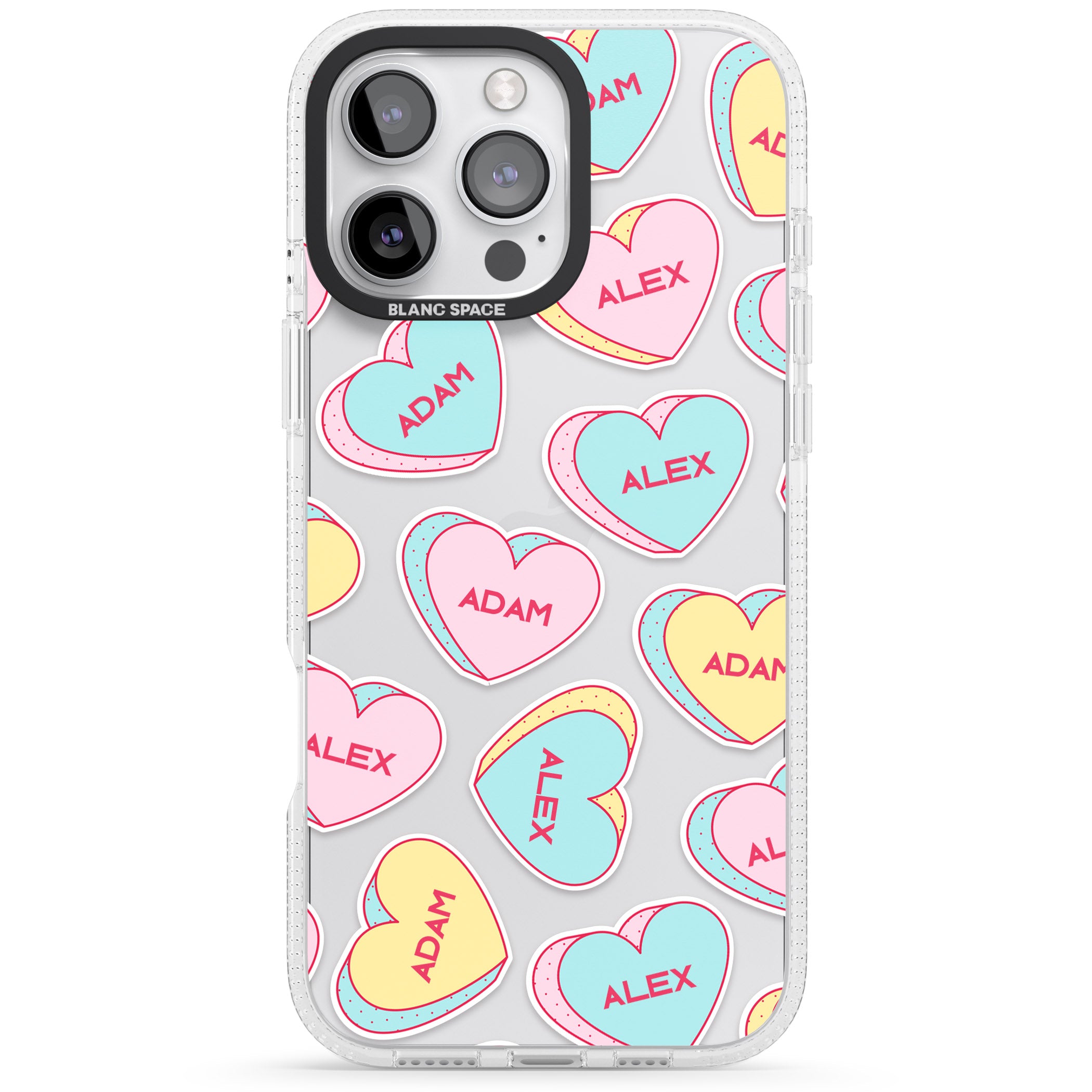 Personalised Text Love Hearts iPhone 16 Pro Max / 16 Pro Clear Case Impact Air - Blanc Space