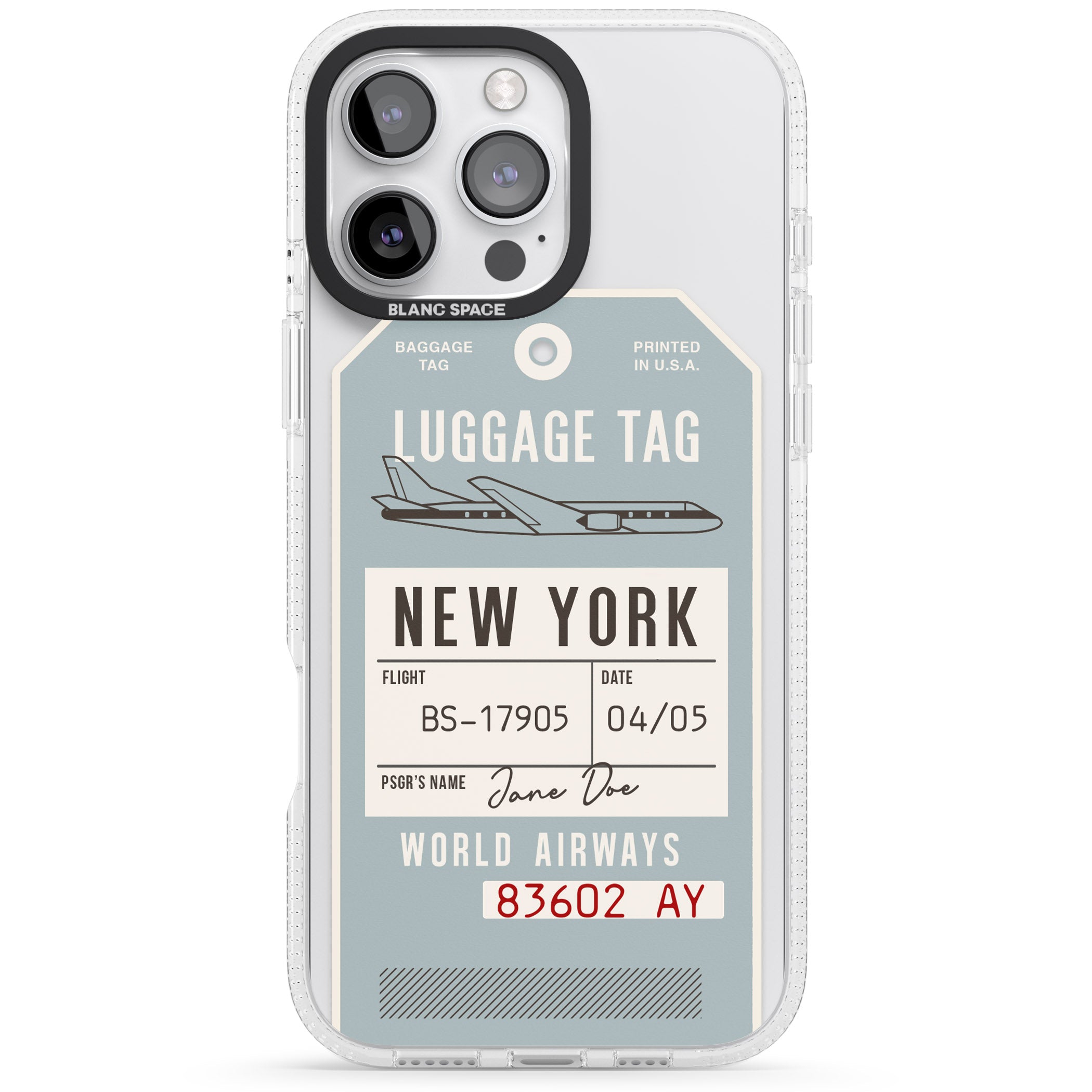 Personalised Vintage USA Luggage Tag iPhone 16 Pro Max / 16 Pro Clear Case Impact Air - Blanc Space