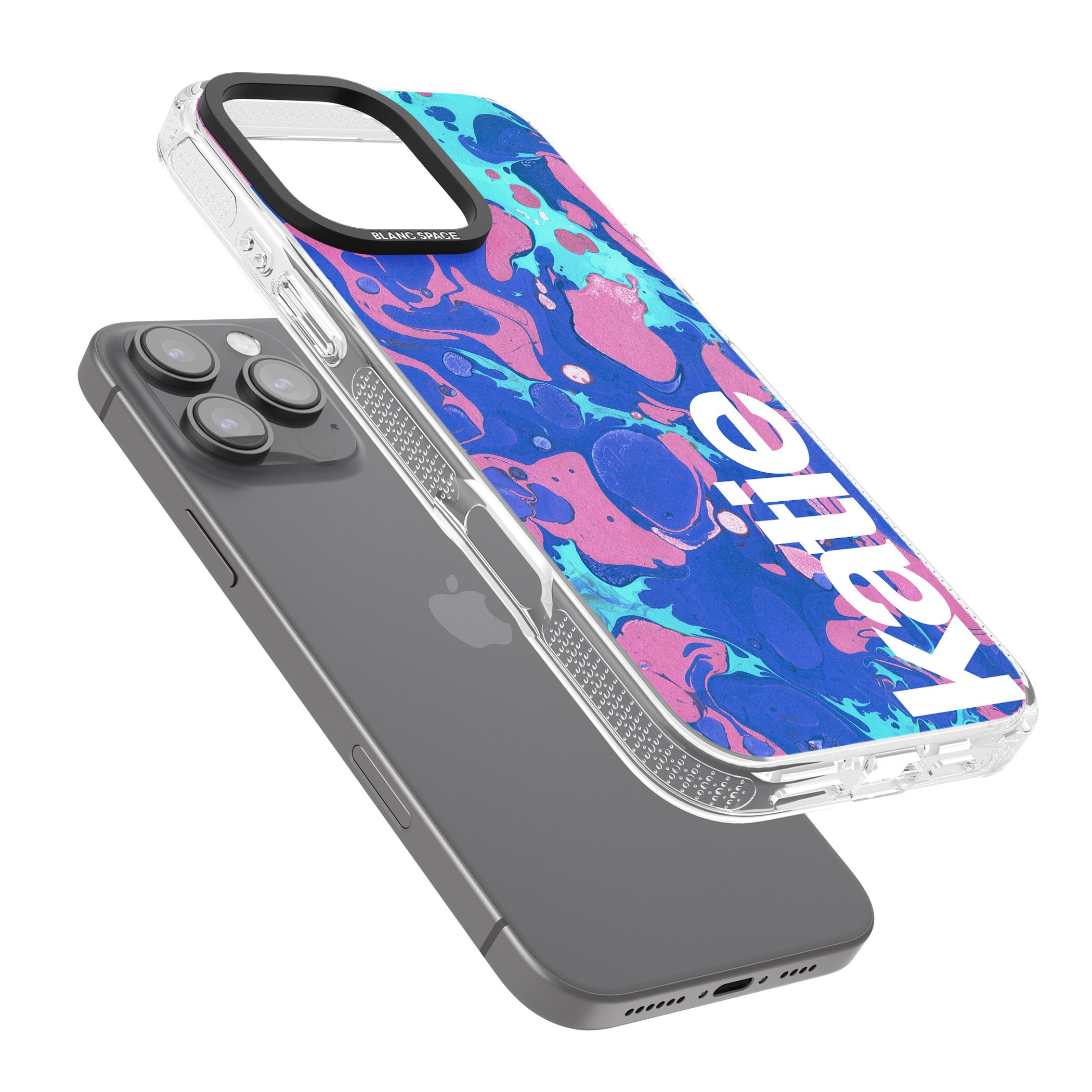 Personalised Navy, Turquoise + Purple - Marbled iPhone 16 Pro Max / 16 Pro Clear Case Impact Air - Blanc Space