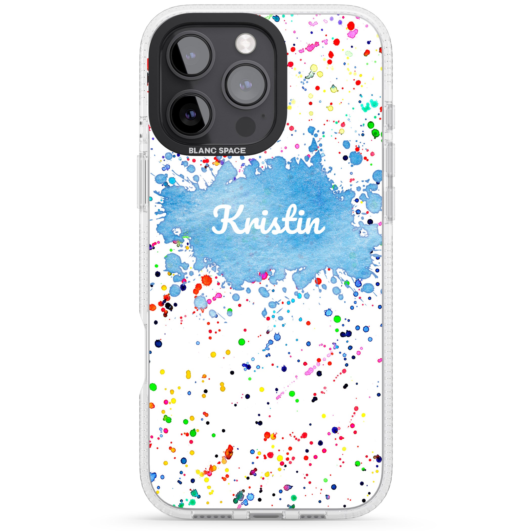 Personalised Rainbow Paint Splatter iPhone 16 Pro Max / 16 Pro Clear Case Impact Air - Blanc Space