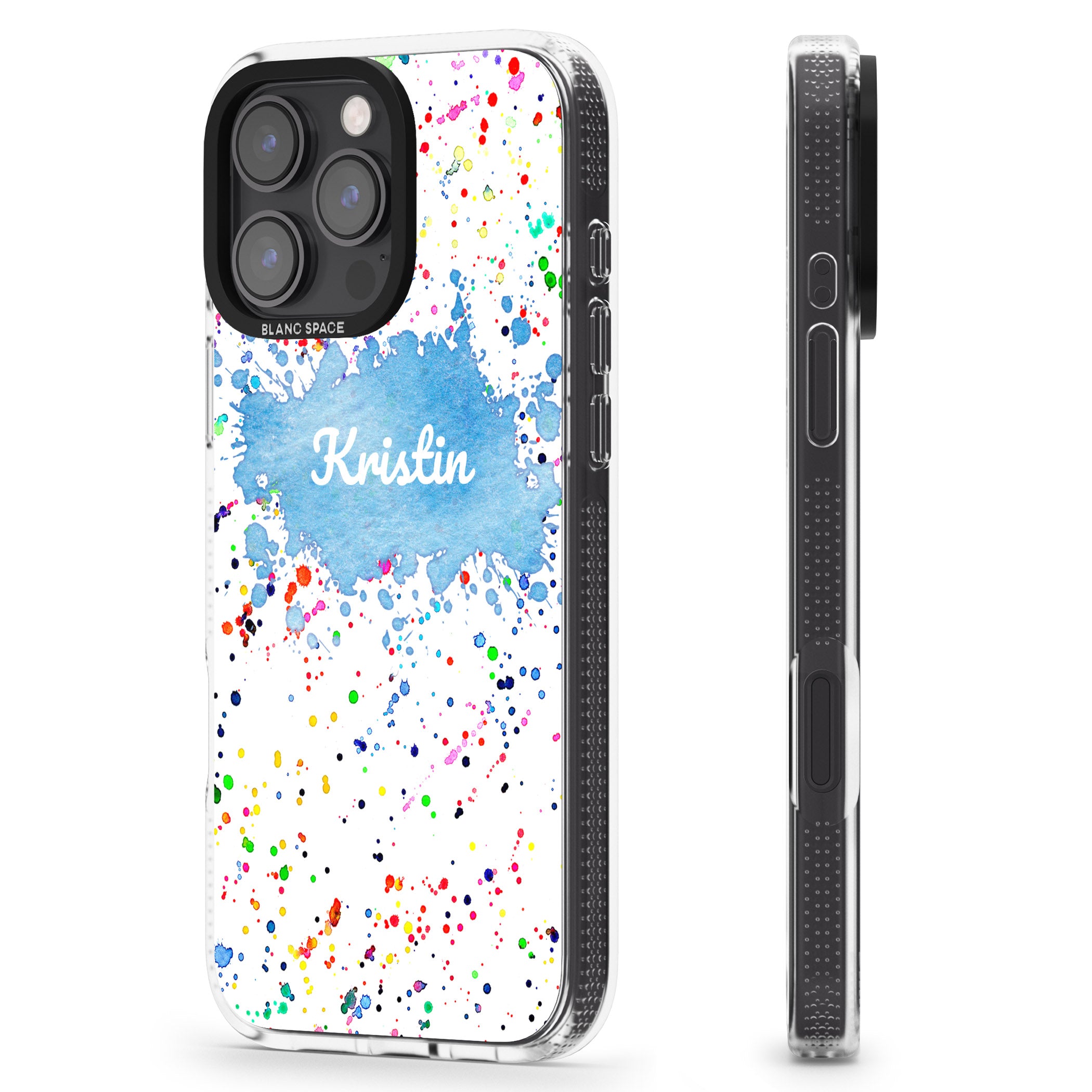 Personalised Rainbow Paint Splatter iPhone 16 Pro Max / 16 Pro Clear Case Impact Air - Blanc Space