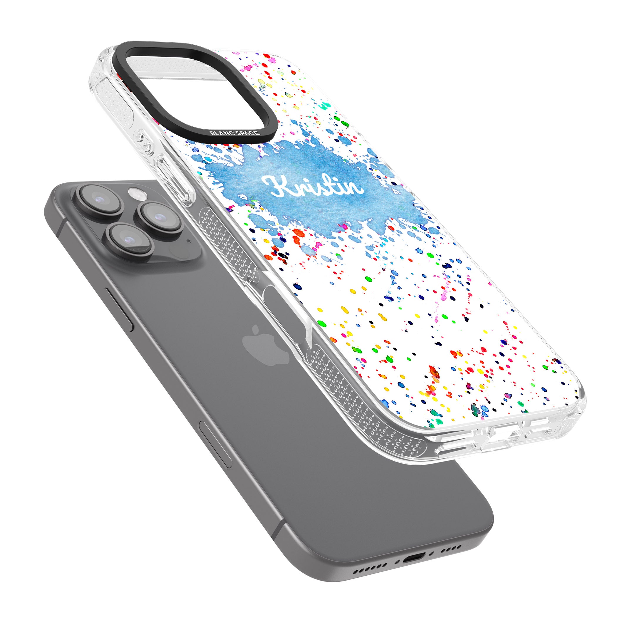 Personalised Rainbow Paint Splatter iPhone 16 Pro Max / 16 Pro Clear Case Impact Air - Blanc Space