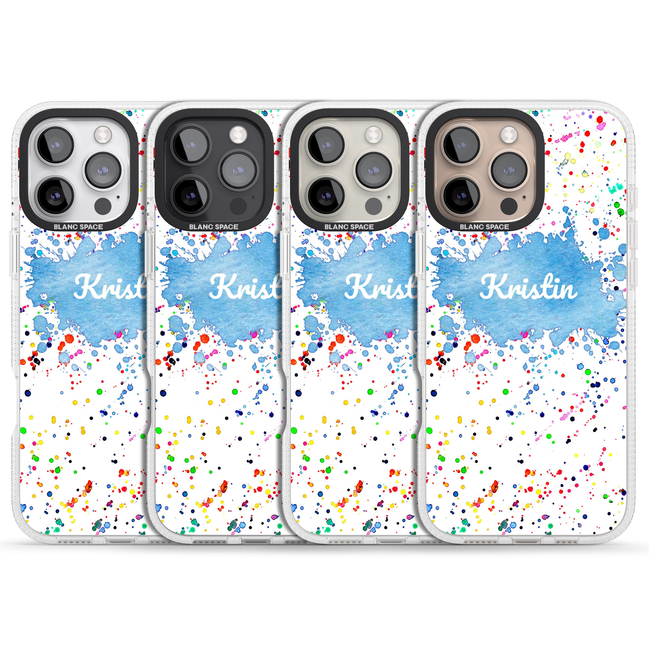 Personalised Rainbow Paint Splatter iPhone 16 Pro Max / 16 Pro Clear Case Impact Air - Blanc Space