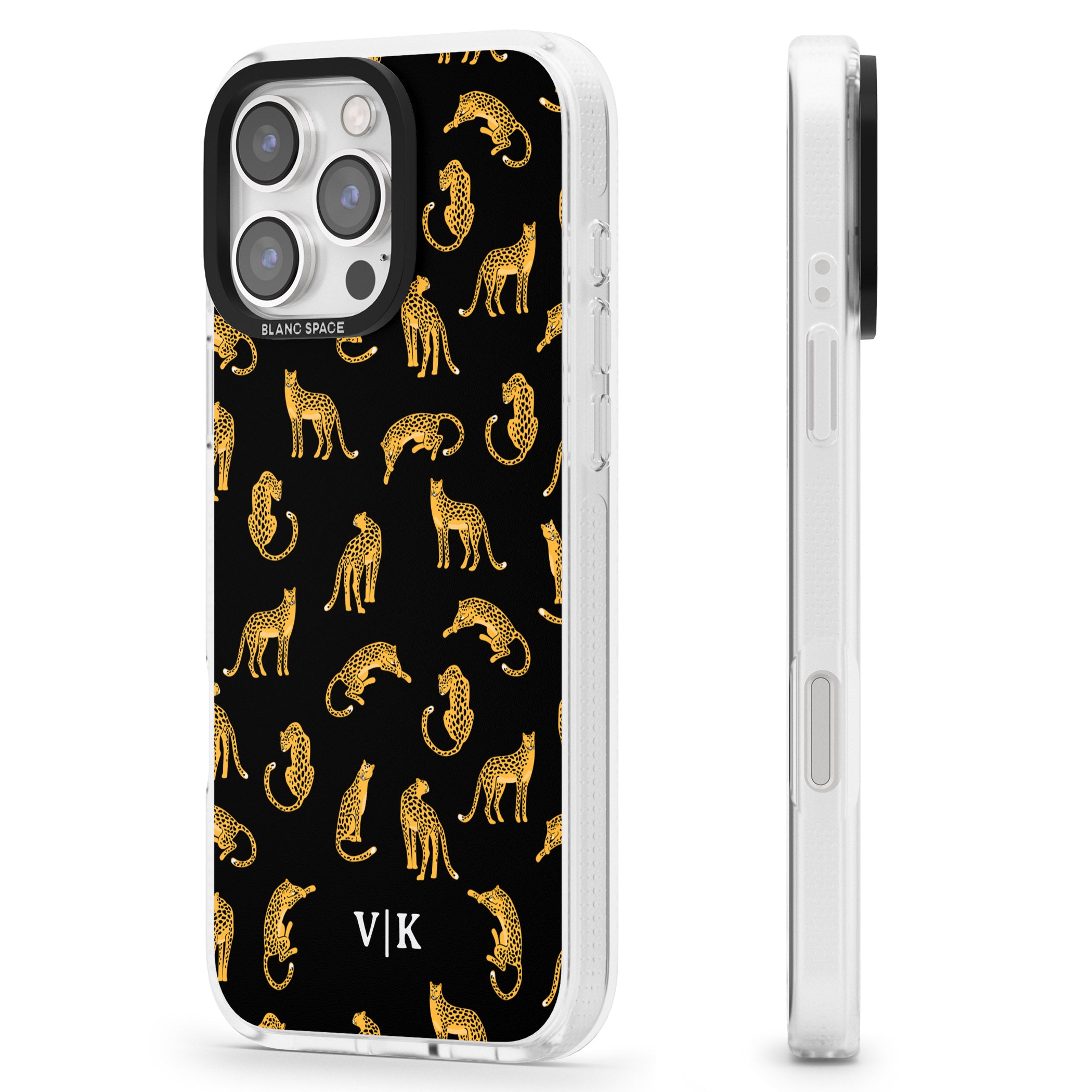 Personalised Cheetah Pattern: Black iPhone 16 Pro Max / 16 Pro Clear Case Impact Air - Blanc Space
