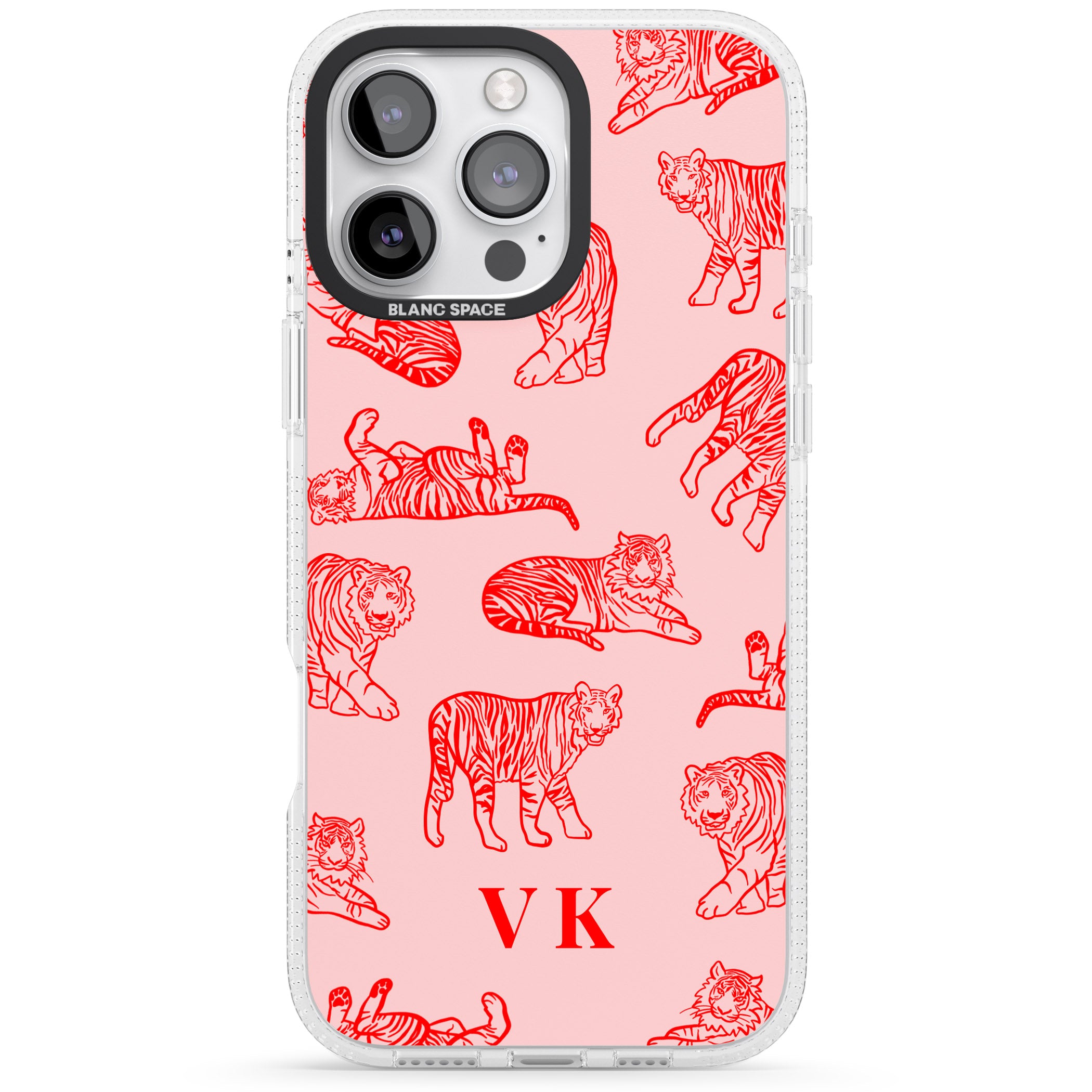 Personalised Red Tiger Outlines on Pink iPhone 16 Pro Max / 16 Pro Clear Case Impact Air - Blanc Space