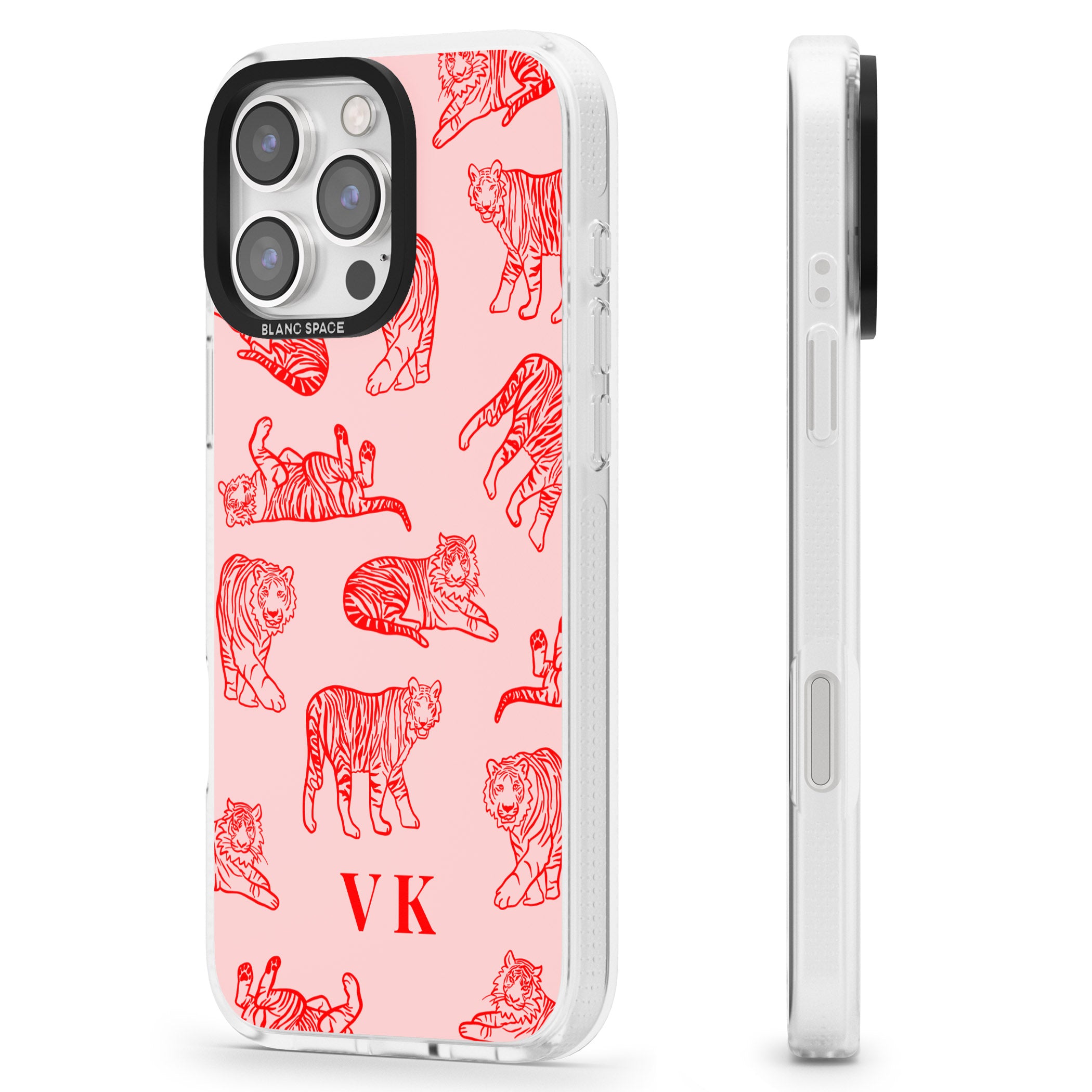 Personalised Red Tiger Outlines on Pink iPhone 16 Pro Max / 16 Pro Clear Case Impact Air - Blanc Space