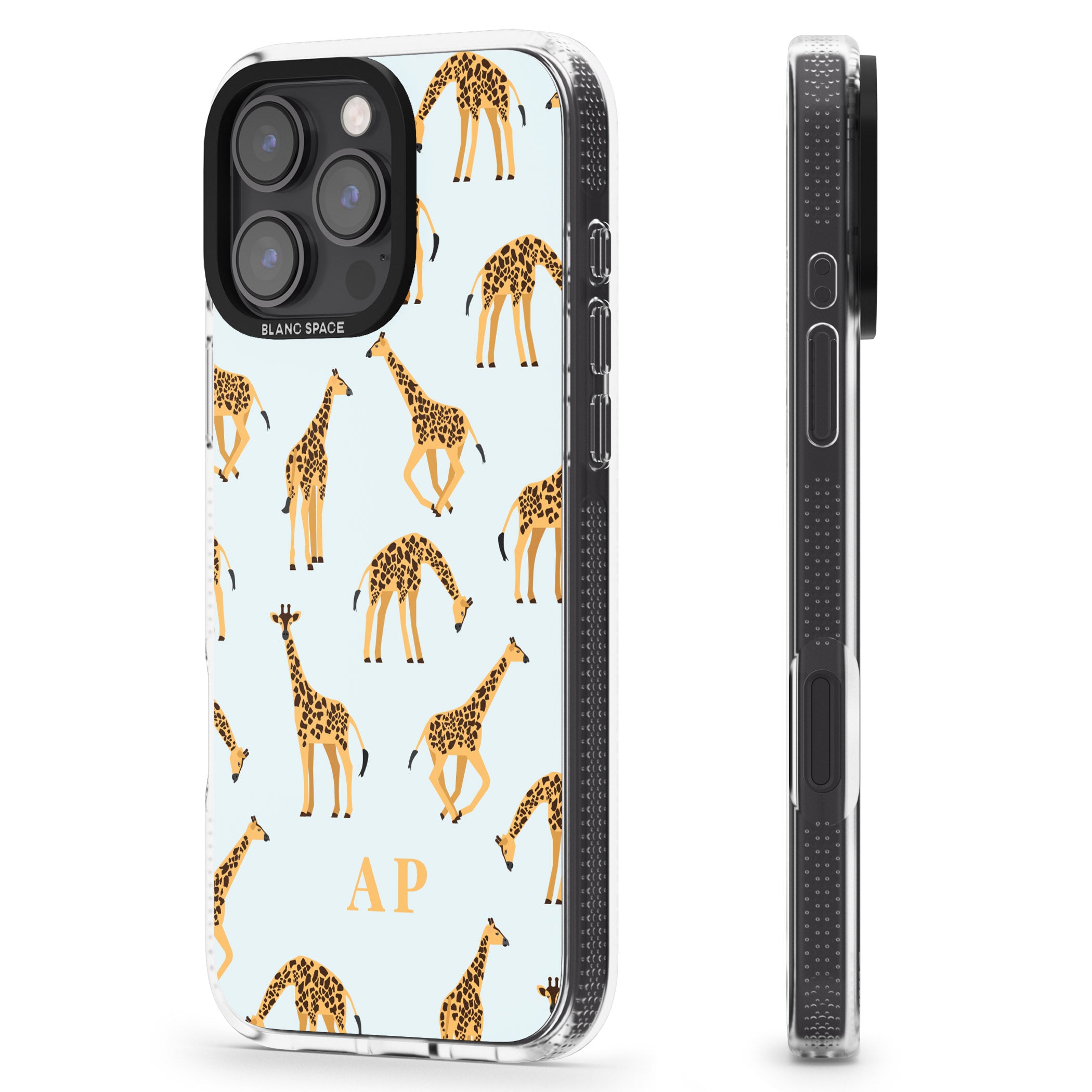 Personalised Safari Giraffe Pattern on Blue iPhone 16 Pro Max / 16 Pro Clear Case Impact Air - Blanc Space