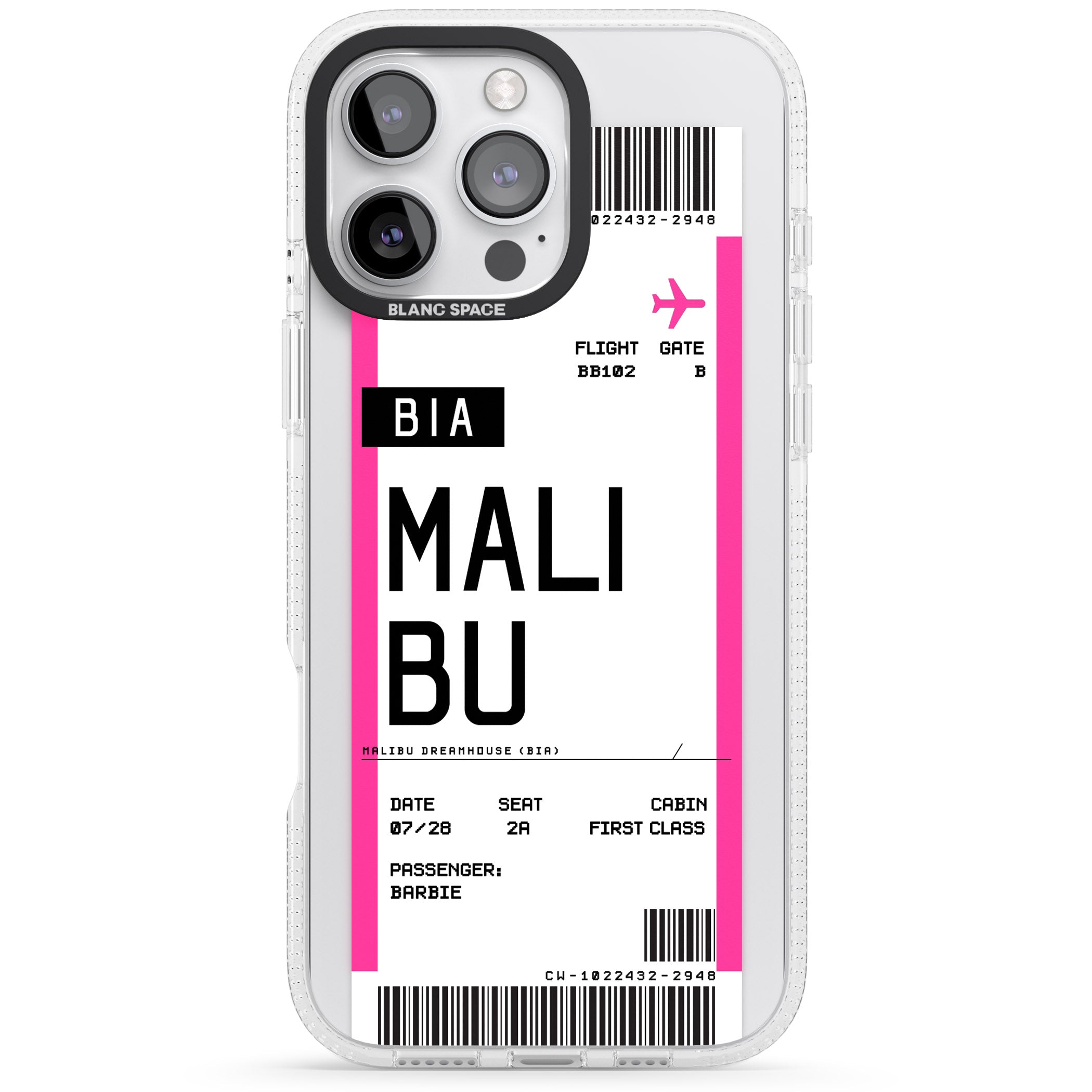 Personalised Pink Malibu Boarding Pass iPhone 16 Pro Max / 16 Pro Clear Case Impact Air - Blanc Space