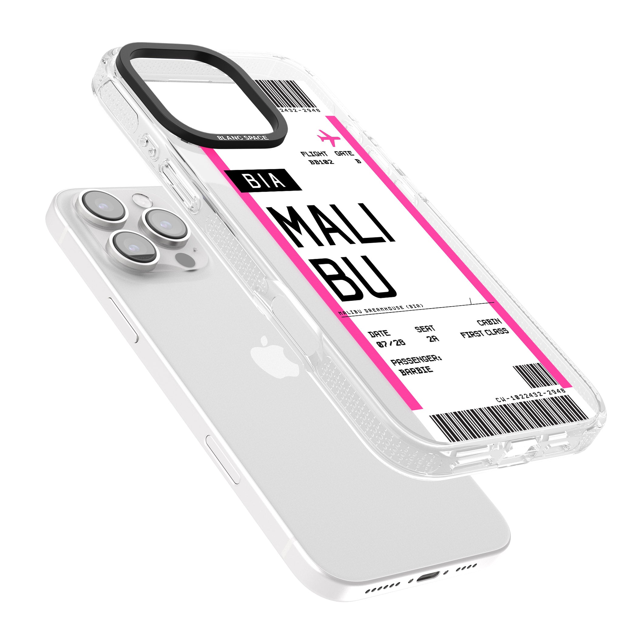 Personalised Pink Malibu Boarding Pass iPhone 16 Pro Max / 16 Pro Clear Case Impact Air - Blanc Space