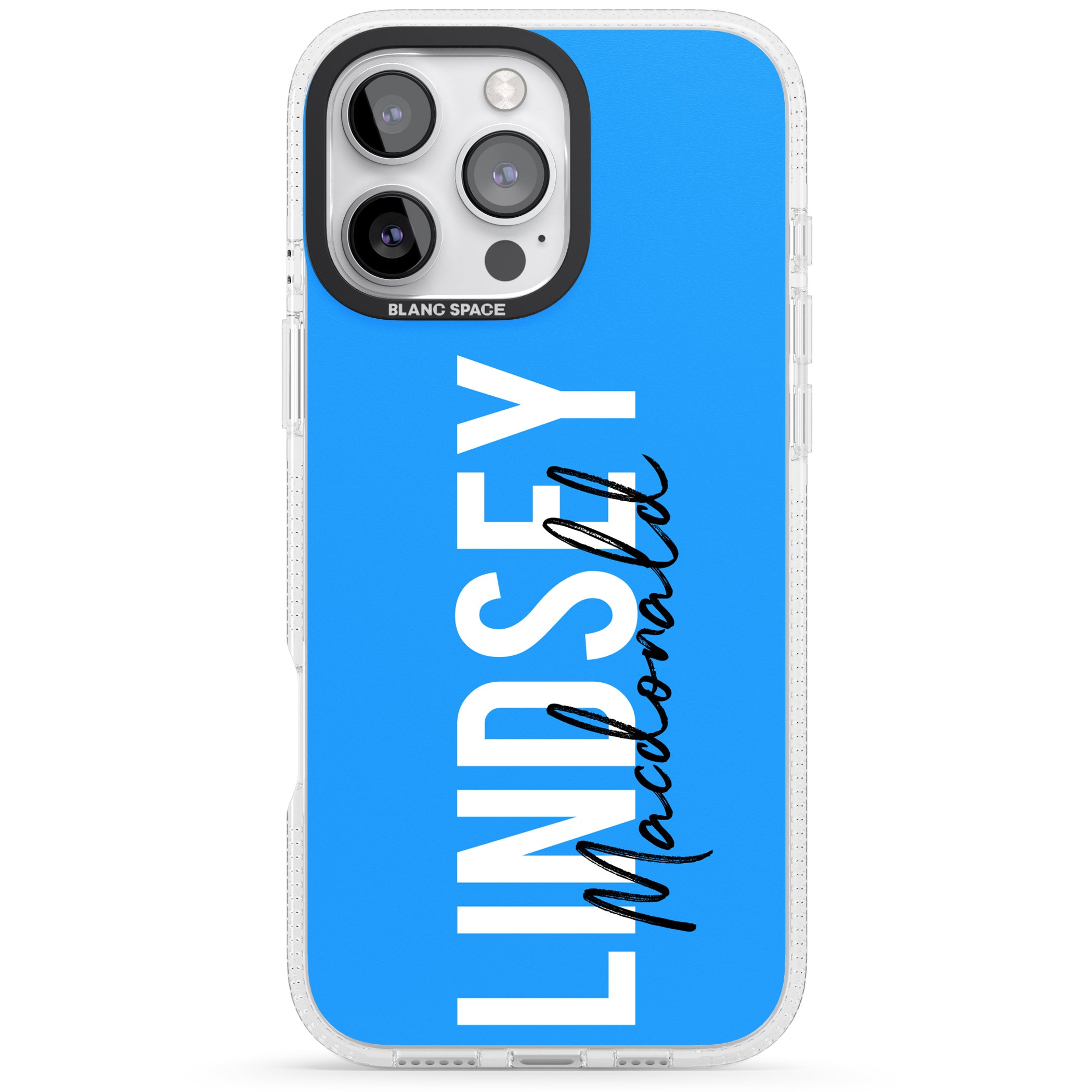 Personalised Bold Name: Blue iPhone 16 Pro Max / 16 Pro Clear Case Impact Air - Blanc Space