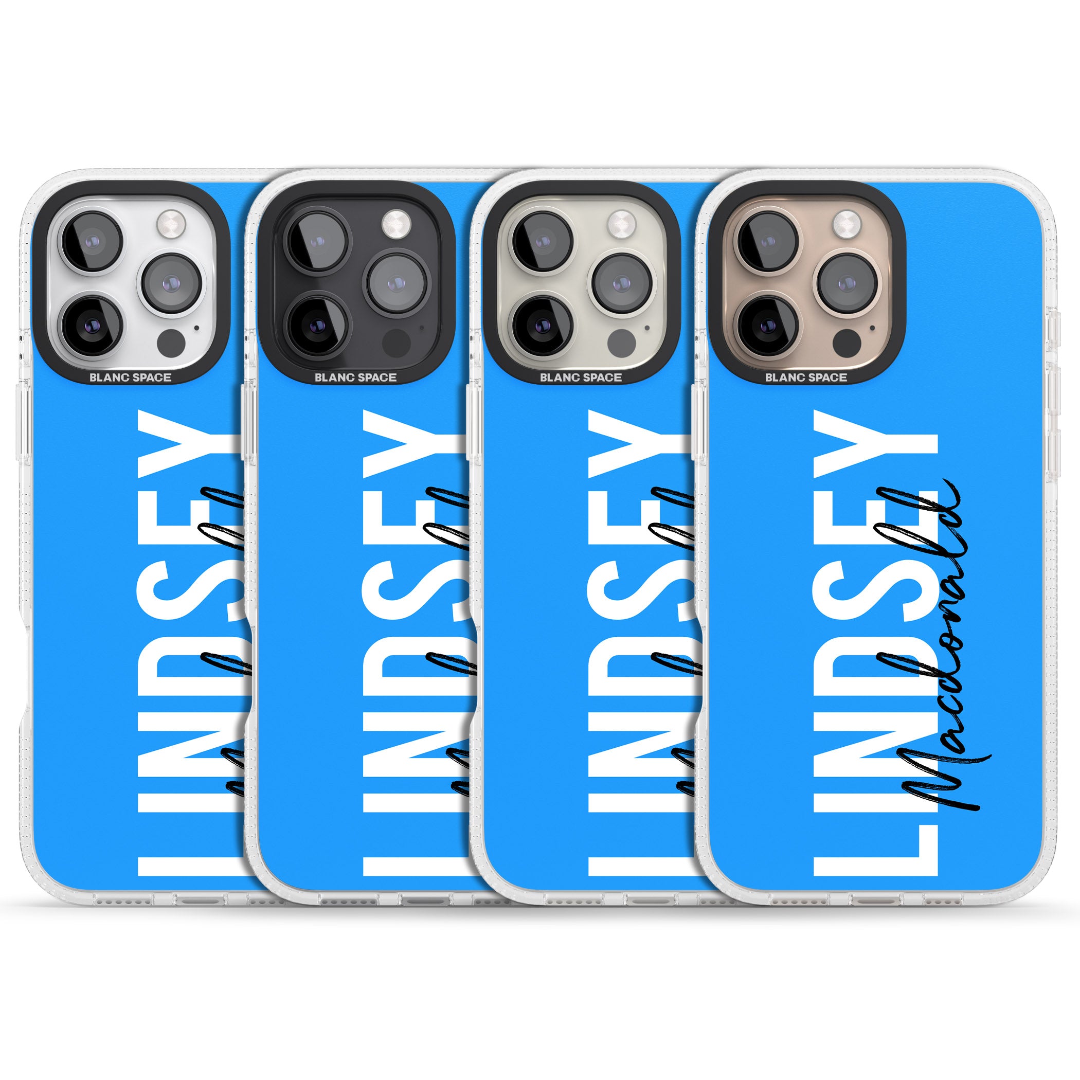 Personalised Bold Name: Blue iPhone 16 Pro Max / 16 Pro Clear Case Impact Air - Blanc Space