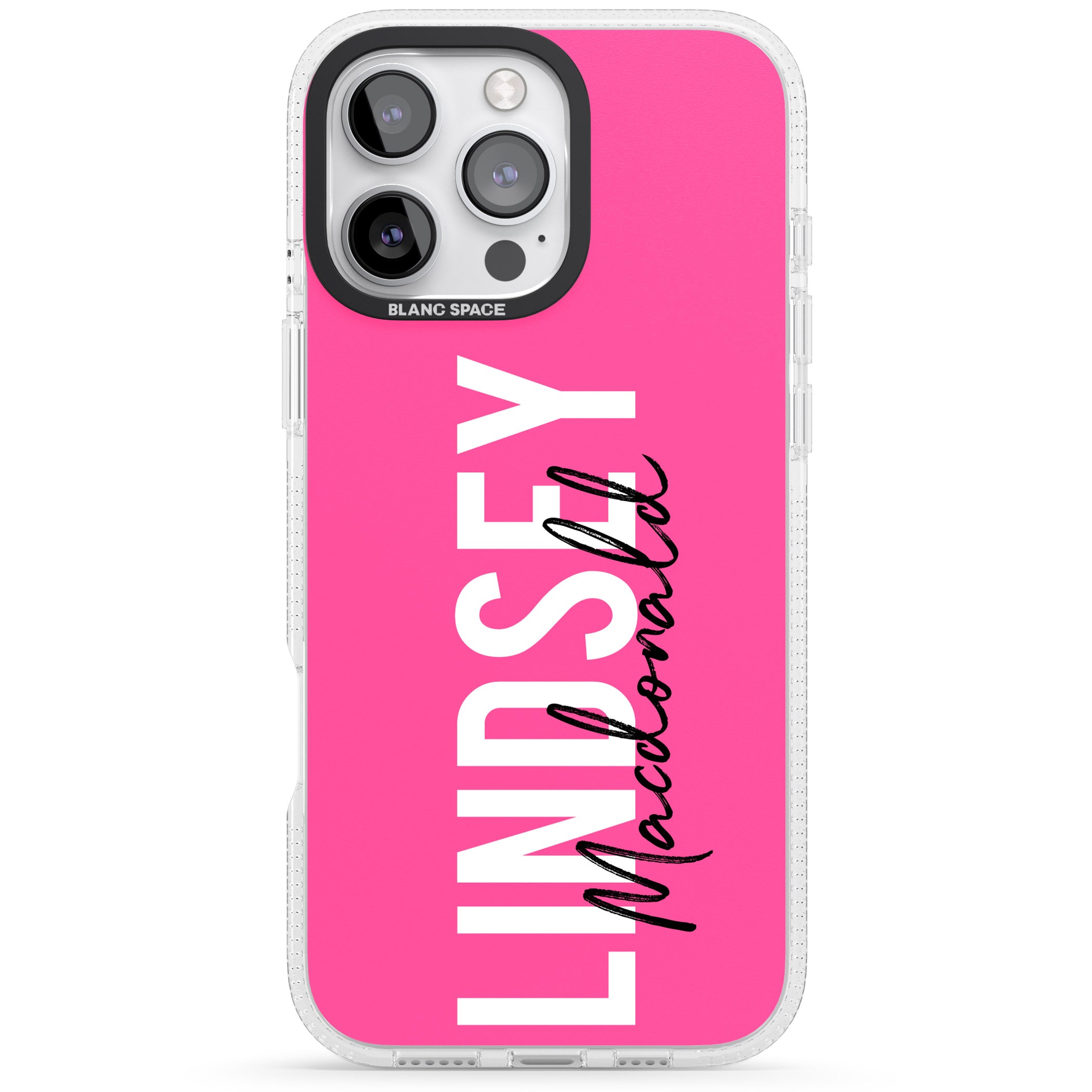 Personalised Bold Name: Pink iPhone 16 Pro Max / 16 Pro Clear Case Impact Air - Blanc Space