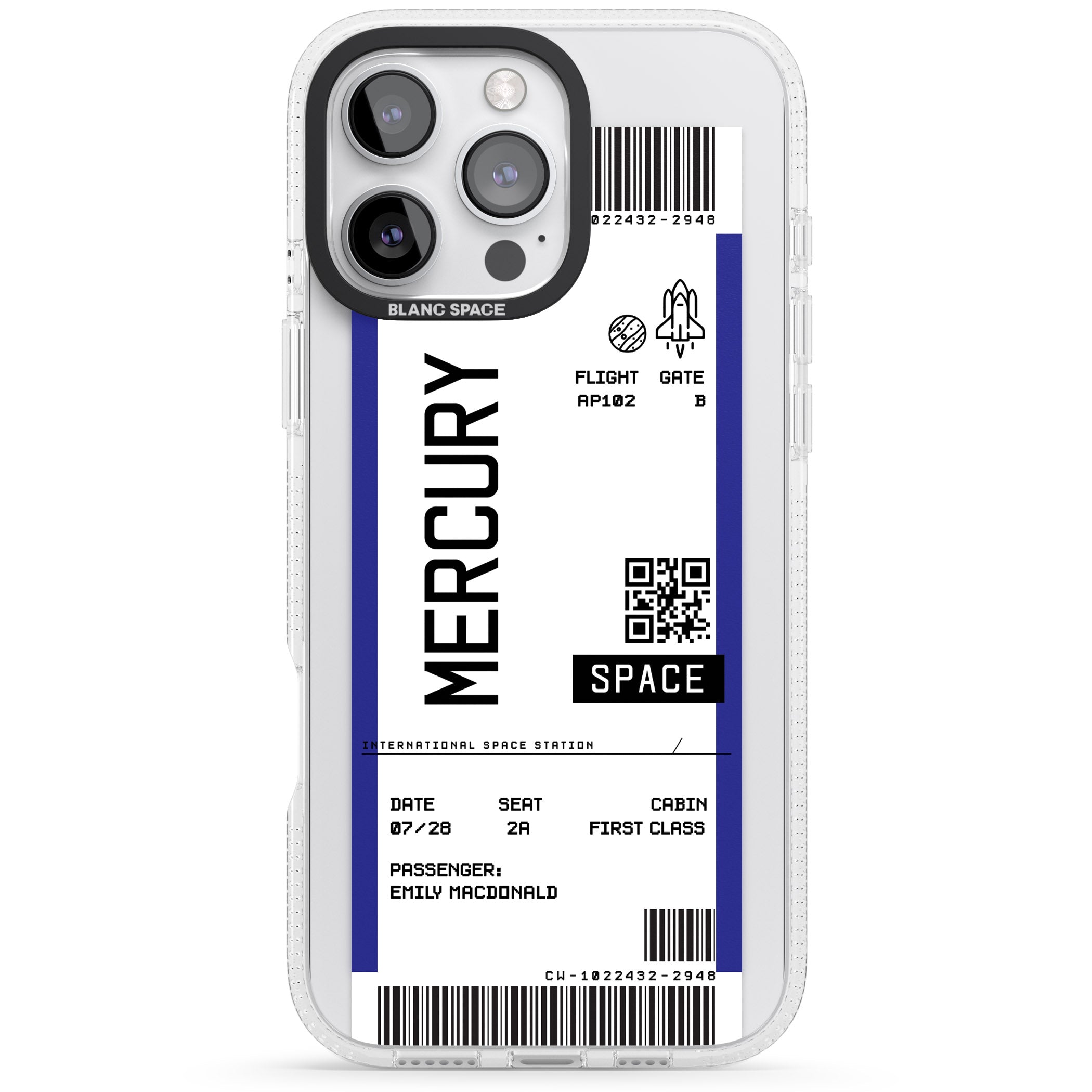 Personalised Mercury Space Travel Ticket iPhone 16 Pro Max / 16 Pro Clear Case Impact Air - Blanc Space
