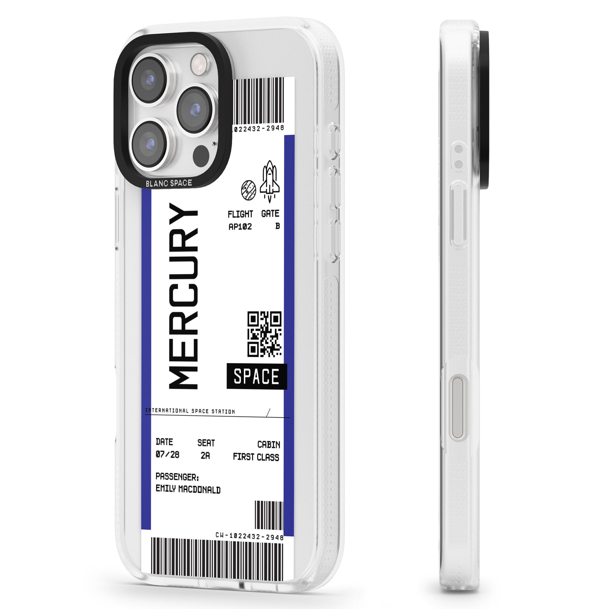 Personalised Mercury Space Travel Ticket iPhone 16 Pro Max / 16 Pro Clear Case Impact Air - Blanc Space