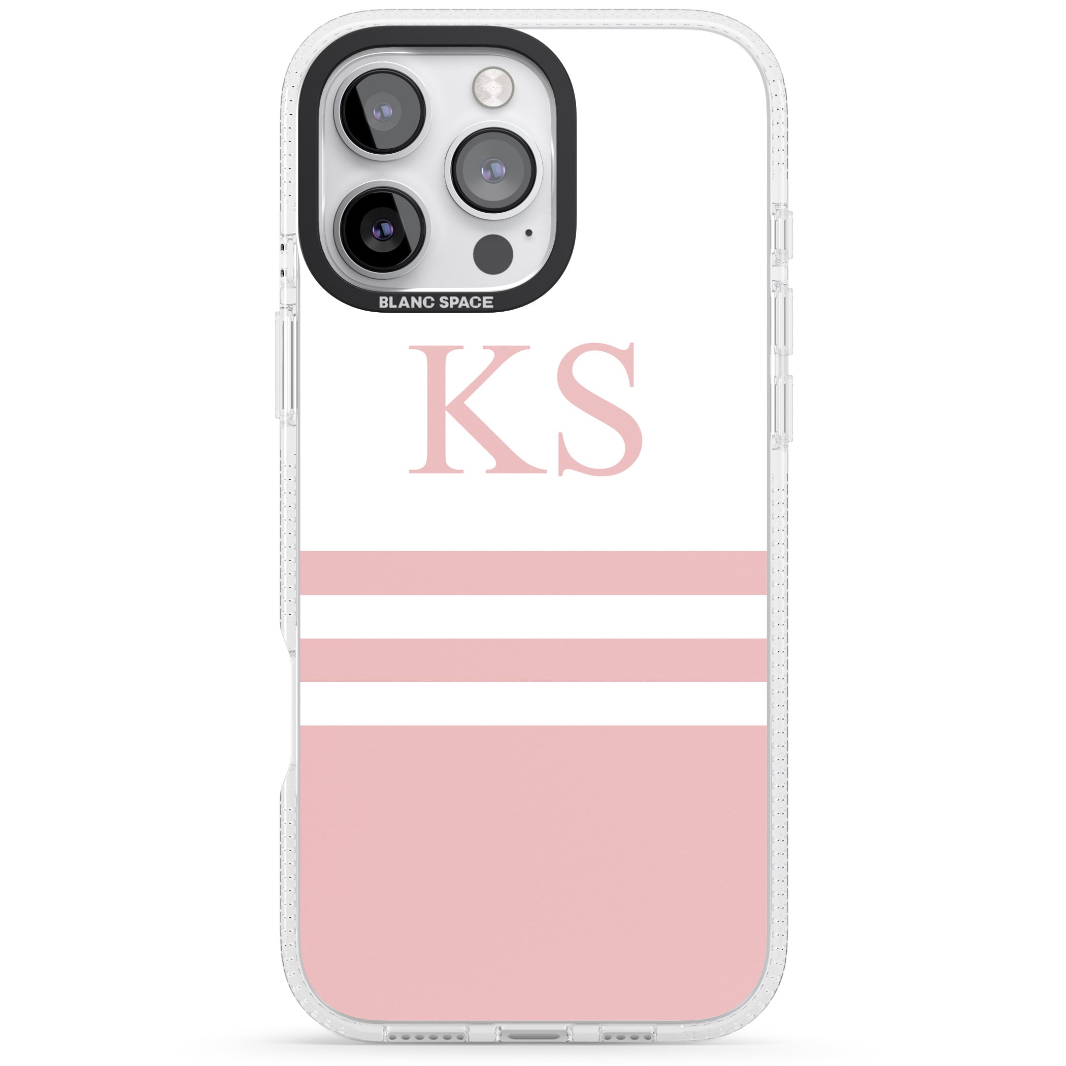 Personalised Minimal Pink Stripes & Initials iPhone 16 Pro Max / 16 Pro Clear Case Impact Air - Blanc Space
