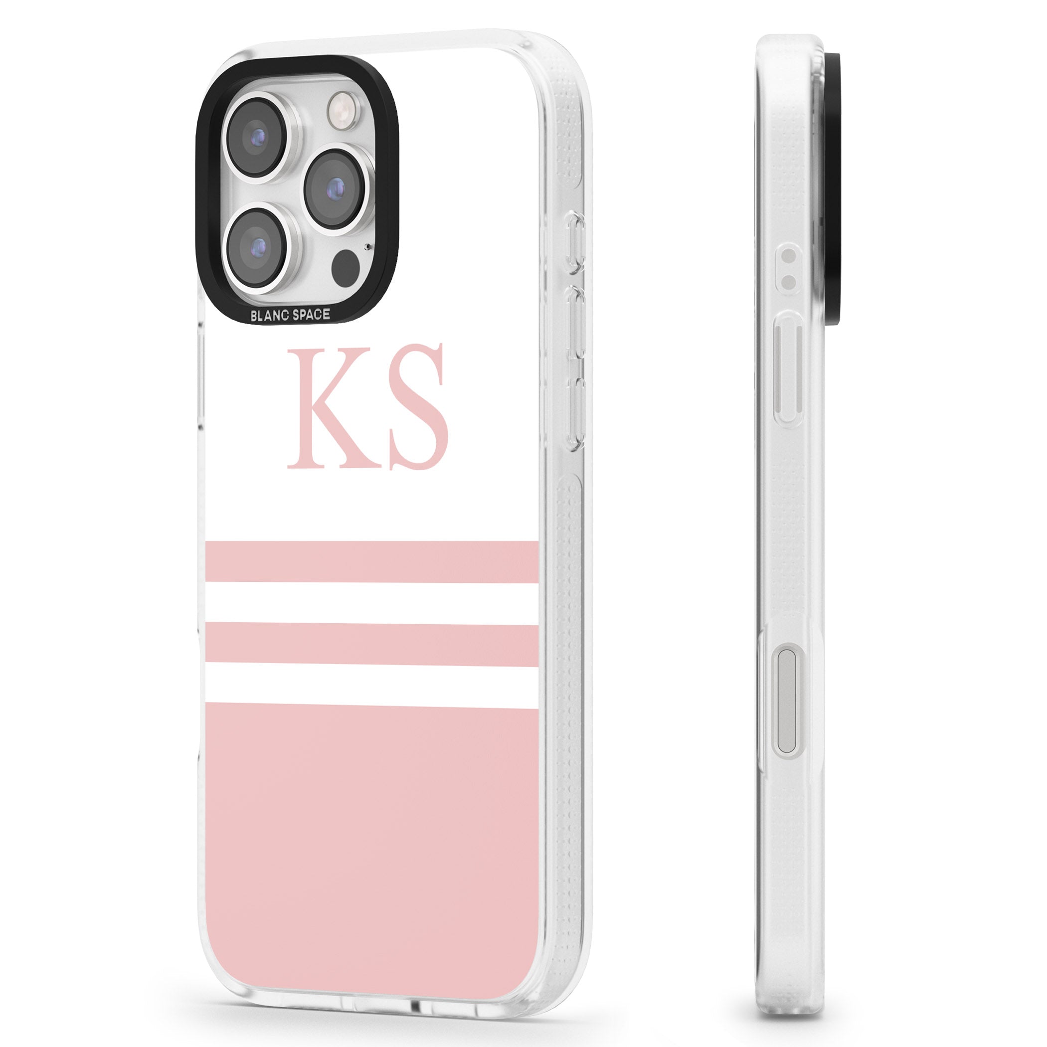 Personalised Minimal Pink Stripes & Initials iPhone 16 Pro Max / 16 Pro Clear Case Impact Air - Blanc Space