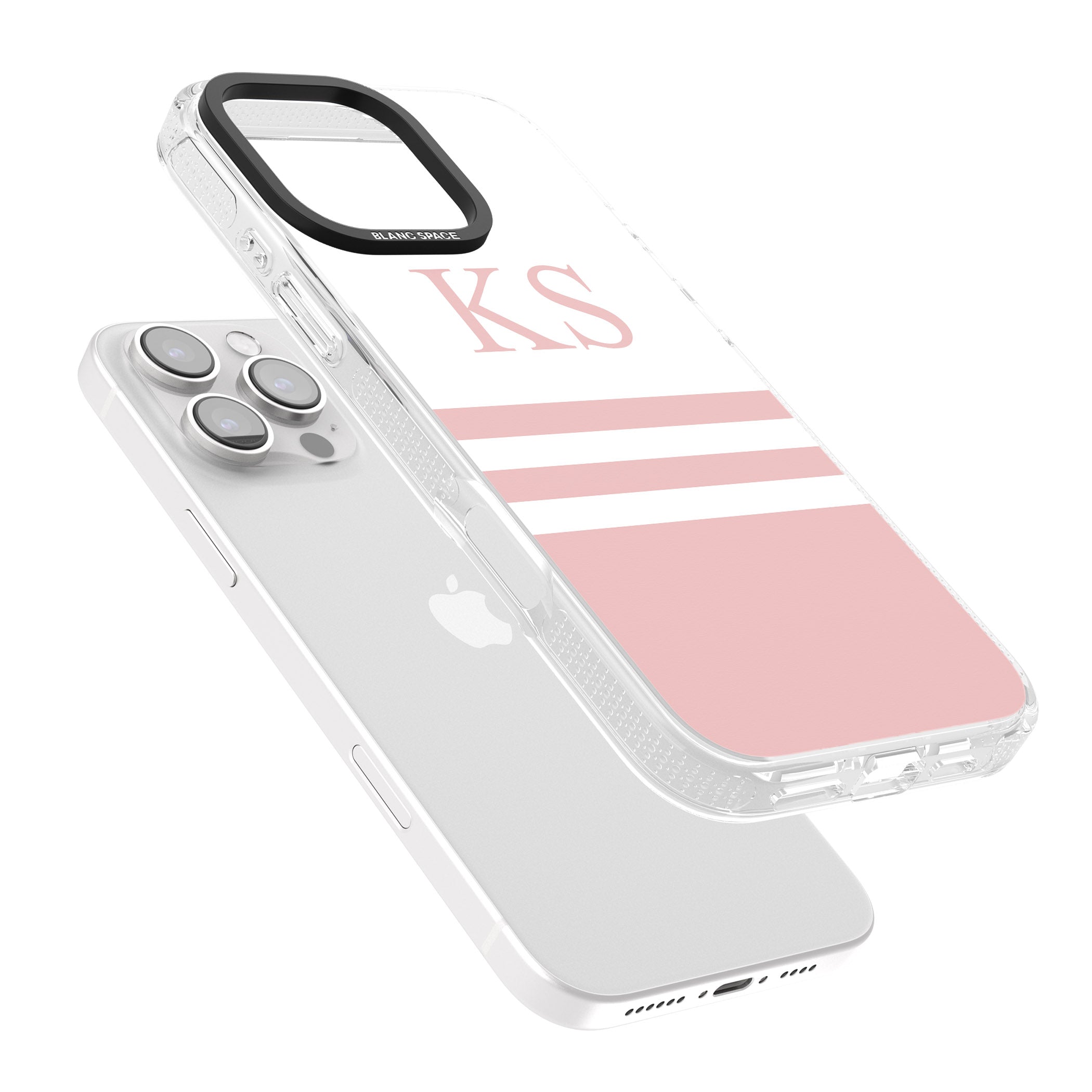 Personalised Minimal Pink Stripes & Initials iPhone 16 Pro Max / 16 Pro Clear Case Impact Air - Blanc Space