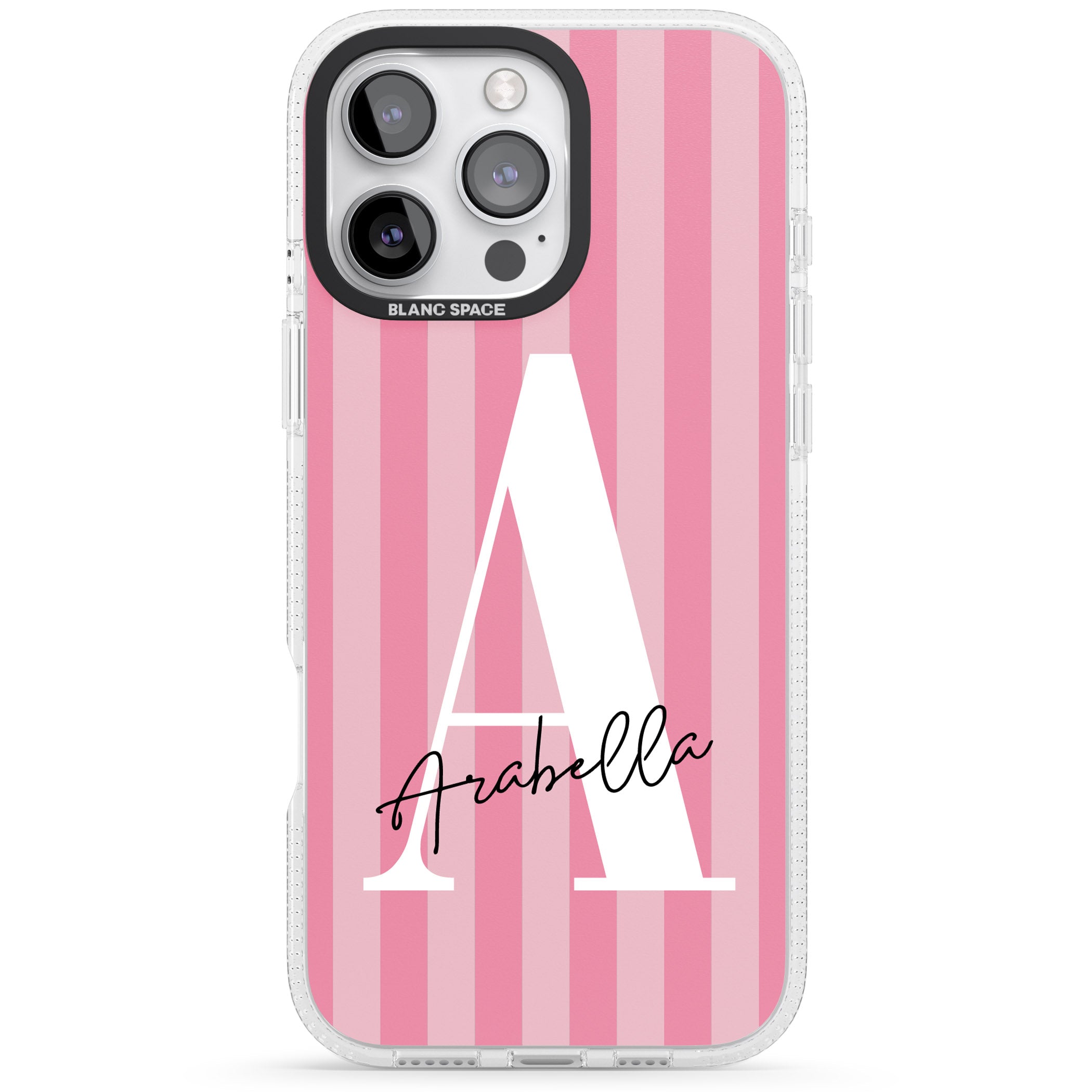 Personalised Pink on Pink Stripes iPhone 16 Pro Max / 16 Pro Clear Case Impact Air - Blanc Space