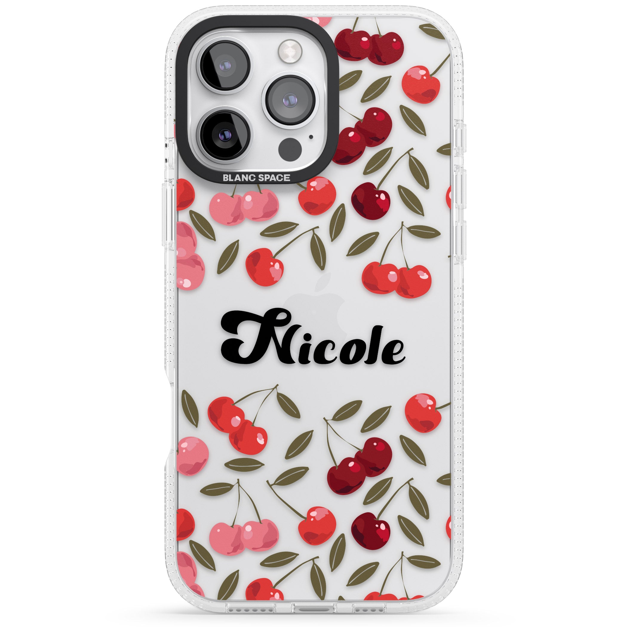 Personalised Cherry Pattern iPhone 16 Pro Max / 16 Pro Clear Case Impact Air - Blanc Space