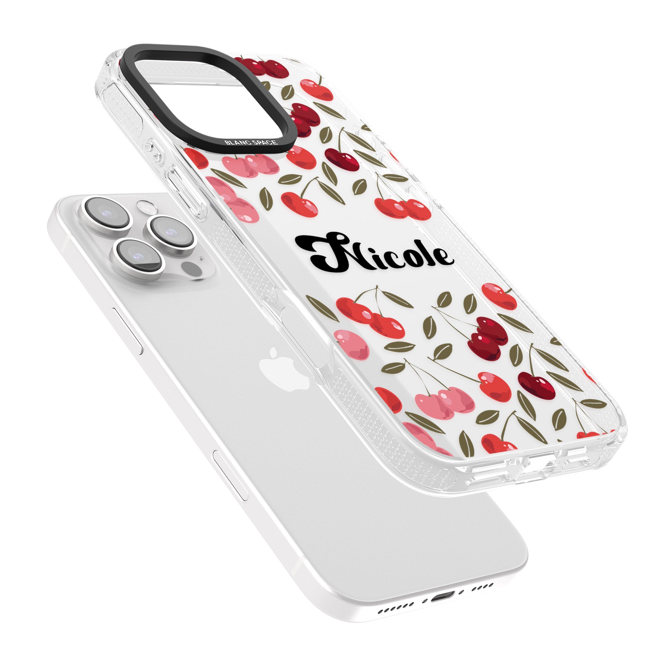 Personalised Cherry Pattern iPhone 16 Pro Max / 16 Pro Clear Case Impact Air - Blanc Space