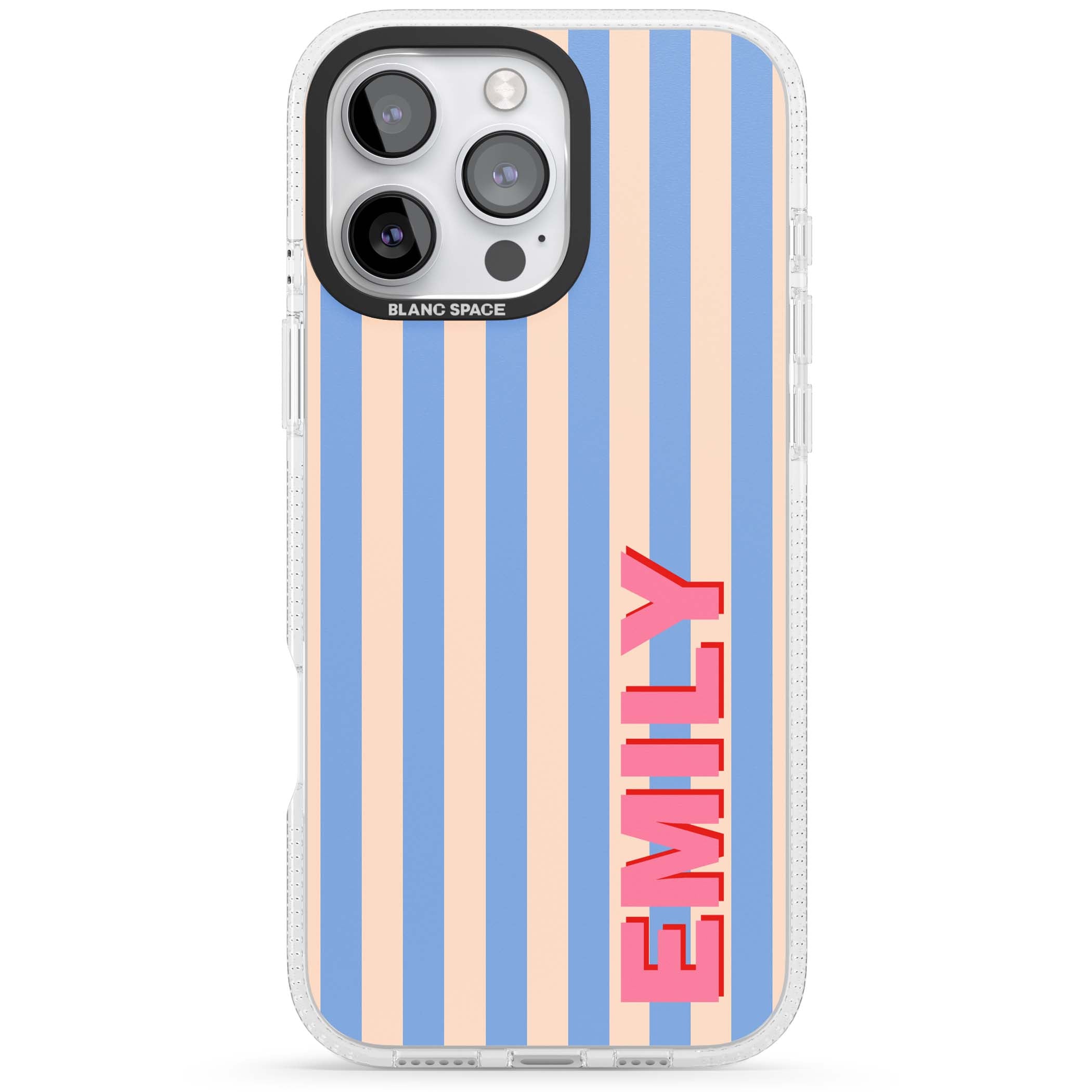 Coastal Stripe personalised coastal iPhone case with blue and peach vertical stripes and custom pink name | Clear Case Impact Air case for iPhone 16 Pro, iPhone 16 Pro Max