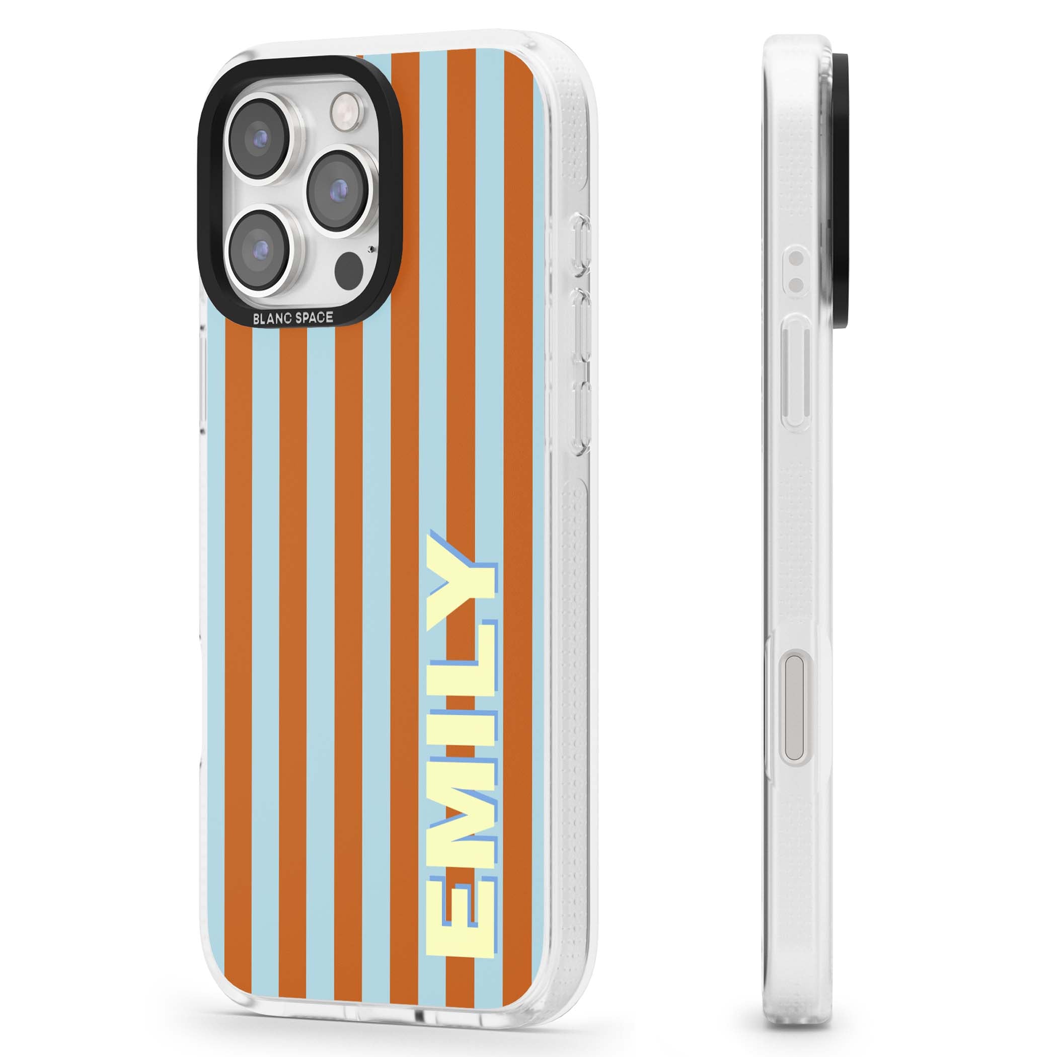 Cappadocia Stripe personalised coastal iPhone case featuring blue and orange vertical stripes with custom cream name | Clear Case Impact Air case for iPhone 16 Pro, iPhone 16 Pro Max