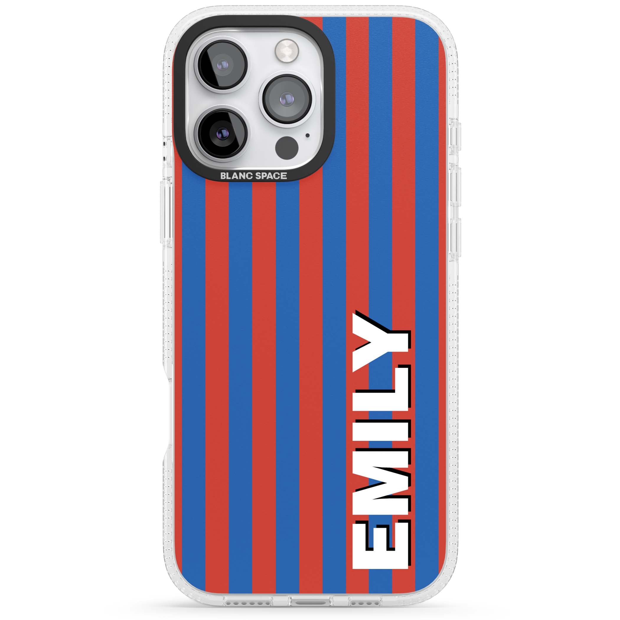 Cuban Stripe personalised iPhone case featuring red and blue vertical stripes with custom name in bold white letters | Clear Case Impact Air case for iPhone 16 Pro, iPhone 16 Pro Max