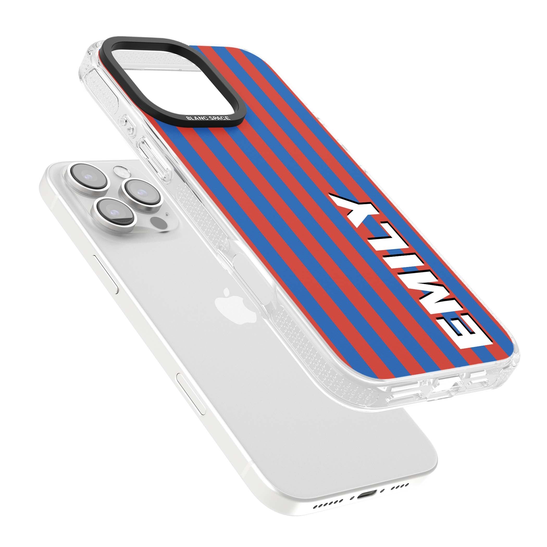 Cuban Stripe personalised iPhone case featuring red and blue vertical stripes with custom name in bold white letters | Clear Case Impact Air case for iPhone 16 Pro, iPhone 16 Pro Max