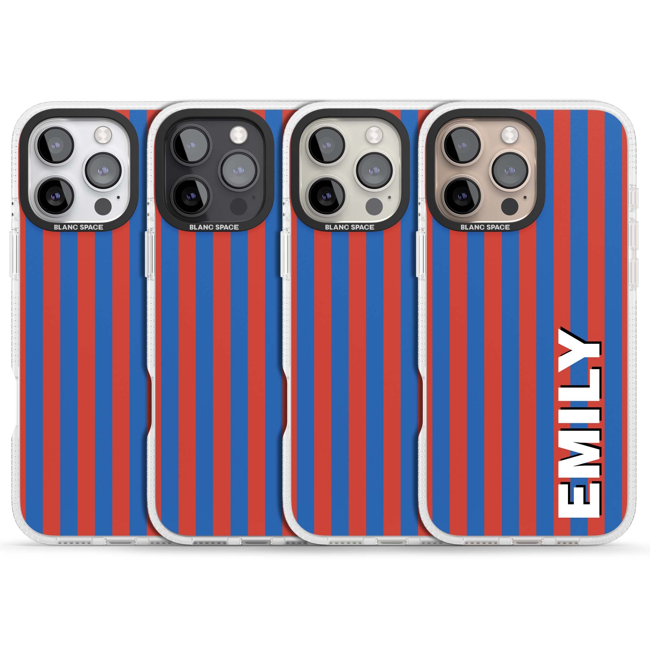 Cuban Stripe personalised iPhone case featuring red and blue vertical stripes with custom name in bold white letters | Clear Case Impact Air case for iPhone 16 Pro, iPhone 16 Pro Max