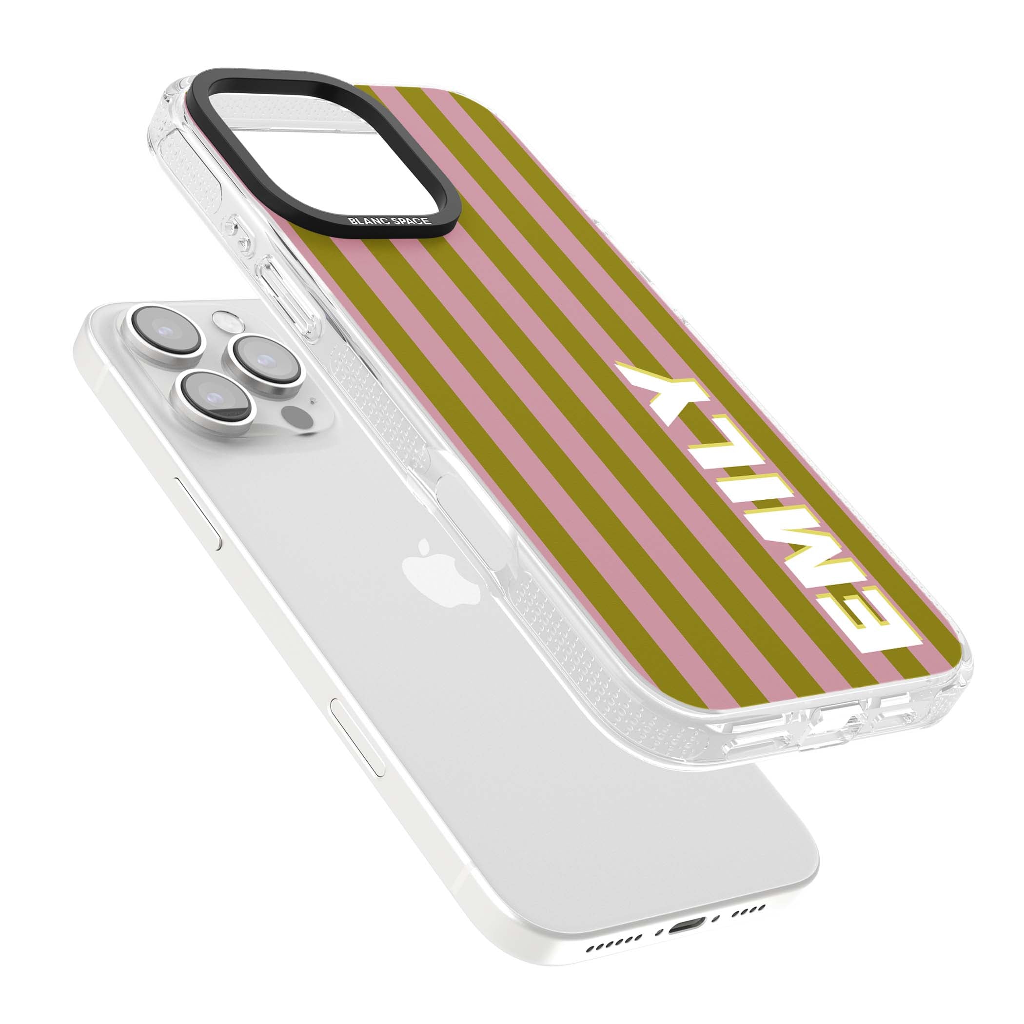 Istanbul Stripe personalised iPhone case featuring pink and olive green vertical stripes with a custom vertical name | Clear Case Impact Air case for iPhone 16 Pro, iPhone 16 Pro Max