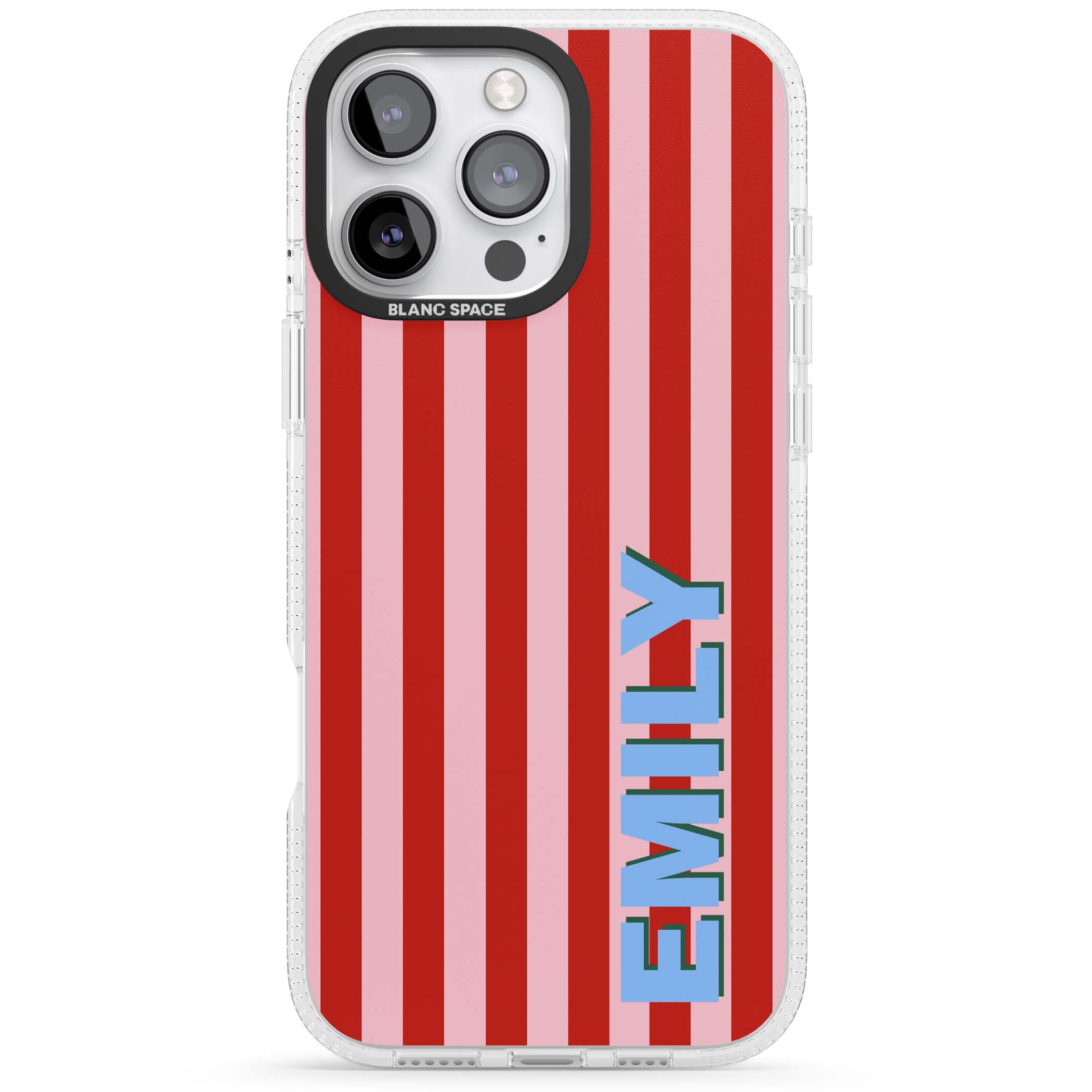 Market Stripe personalised iPhone case with red and pink vertical stripes and custom blue name | Clear Case Impact Air case for iPhone 16 Pro, iPhone 16 Pro Max