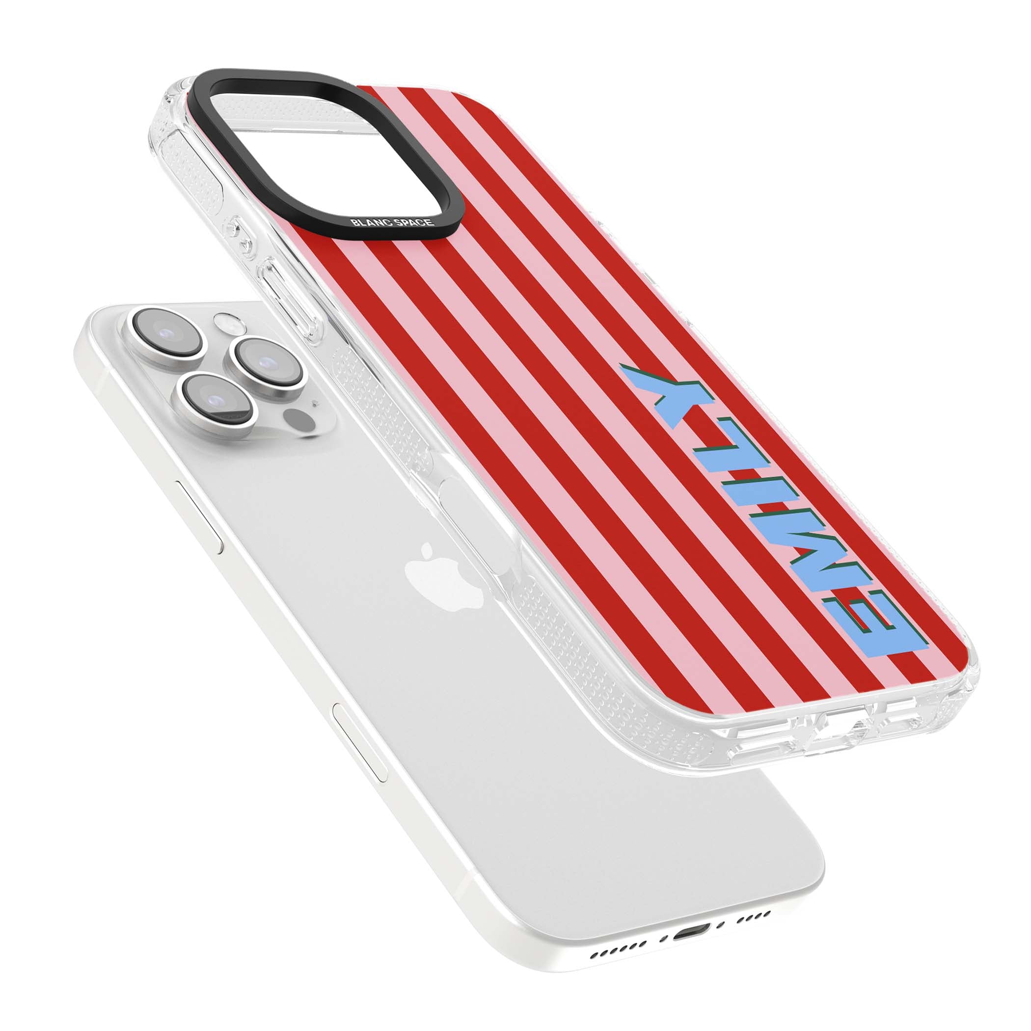 Market Stripe personalised iPhone case with red and pink vertical stripes and custom blue name | Clear Case Impact Air case for iPhone 16 Pro, iPhone 16 Pro Max