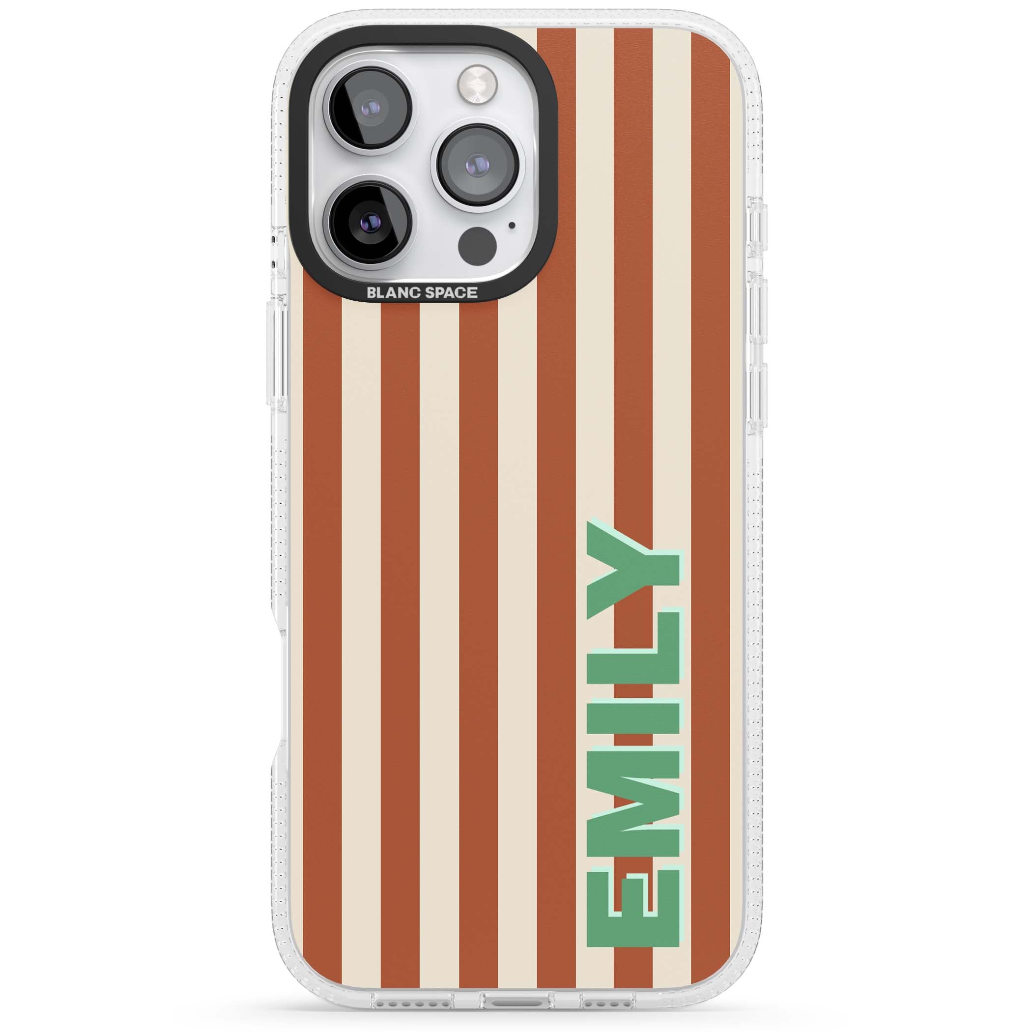 Dune Stripe personalised iPhone case with rust and cream vertical stripes and custom name in mint green | Clear Case Impact Air case for iPhone 16 Pro, iPhone 16 Pro Max