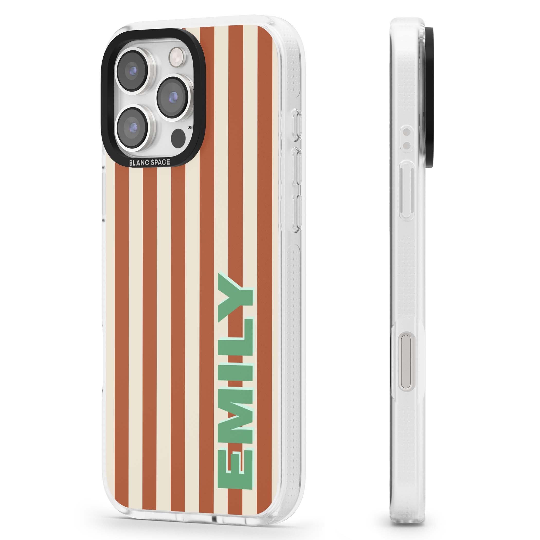 Dune Stripe personalised iPhone case with rust and cream vertical stripes and custom name in mint green | Clear Case Impact Air case for iPhone 16 Pro, iPhone 16 Pro Max