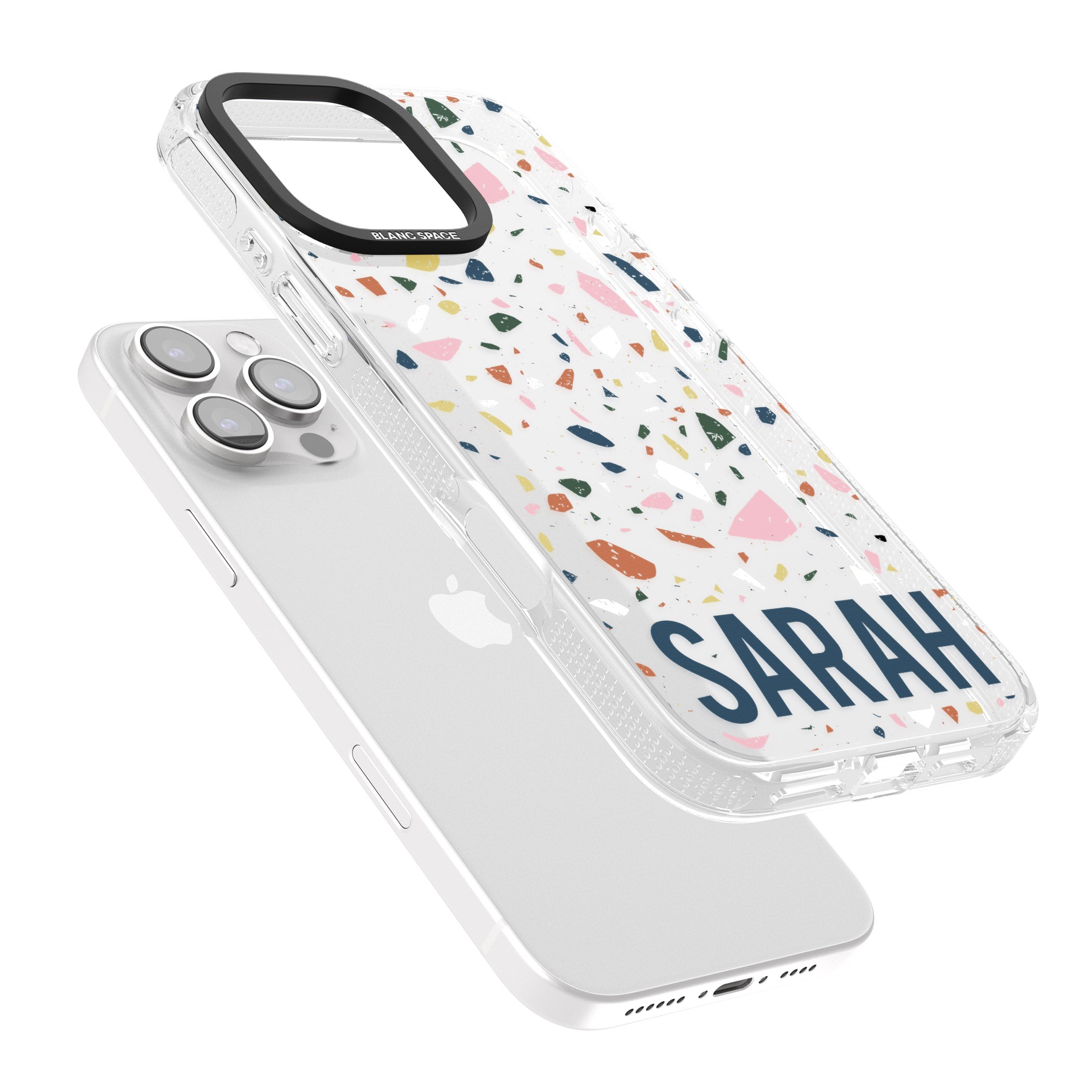 Personalised Terrazzo iPhone 16 Pro Max / 16 Pro Clear Case Impact Air - Blanc Space