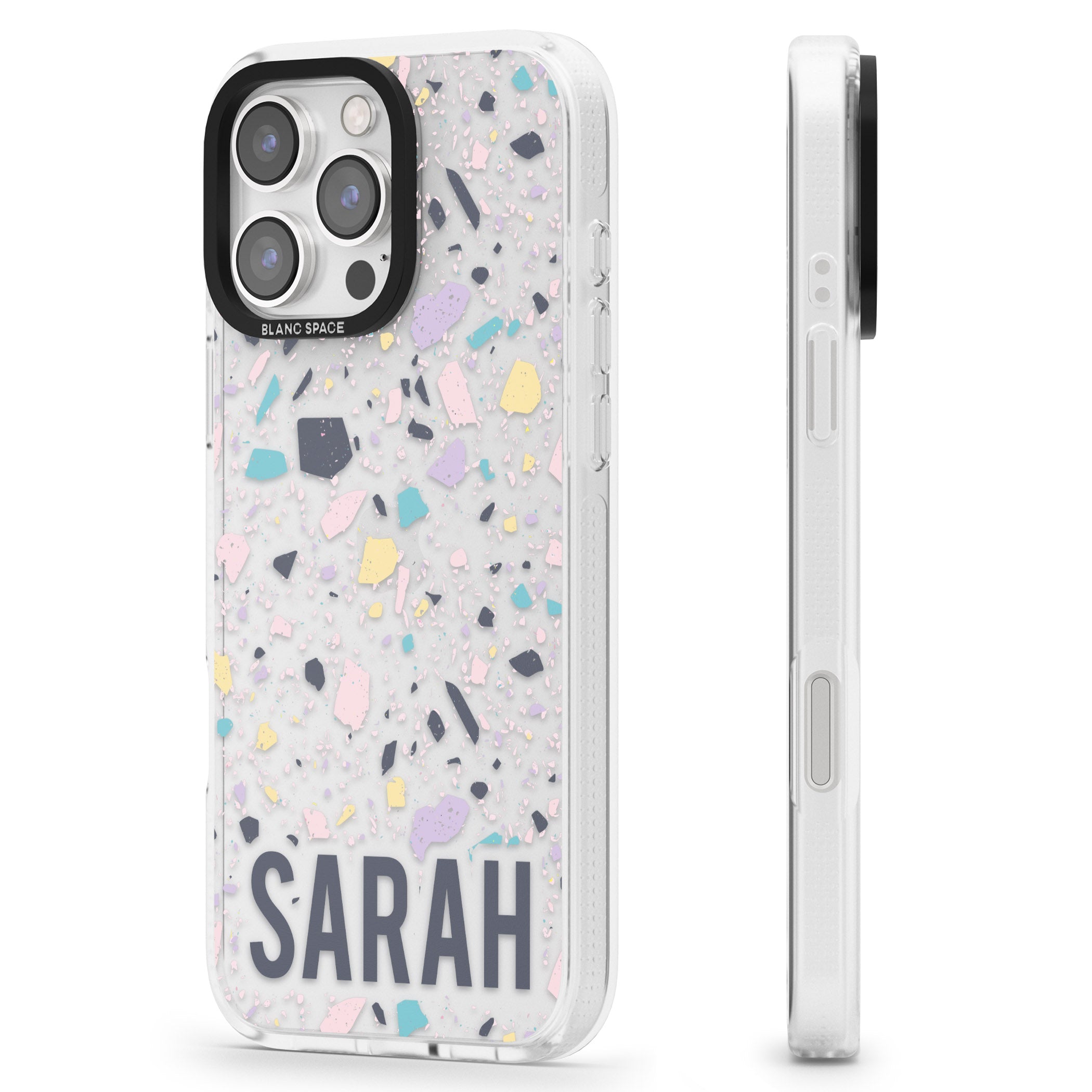 Personalised Terrazzo - Pink, Purple, Blue iPhone 16 Pro Max / 16 Pro Clear Case Impact Air - Blanc Space