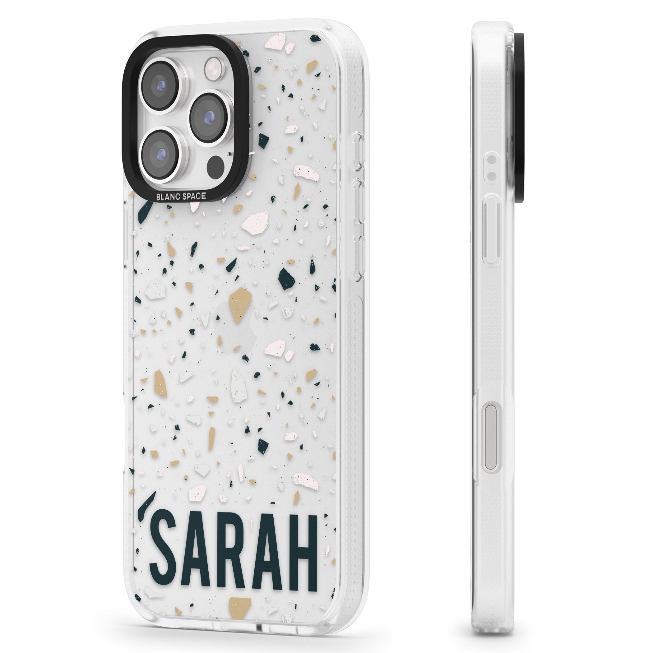 Personalised Terrazzo - Blue, Pink, Brown iPhone 16 Pro Max / 16 Pro Clear Case Impact Air - Blanc Space