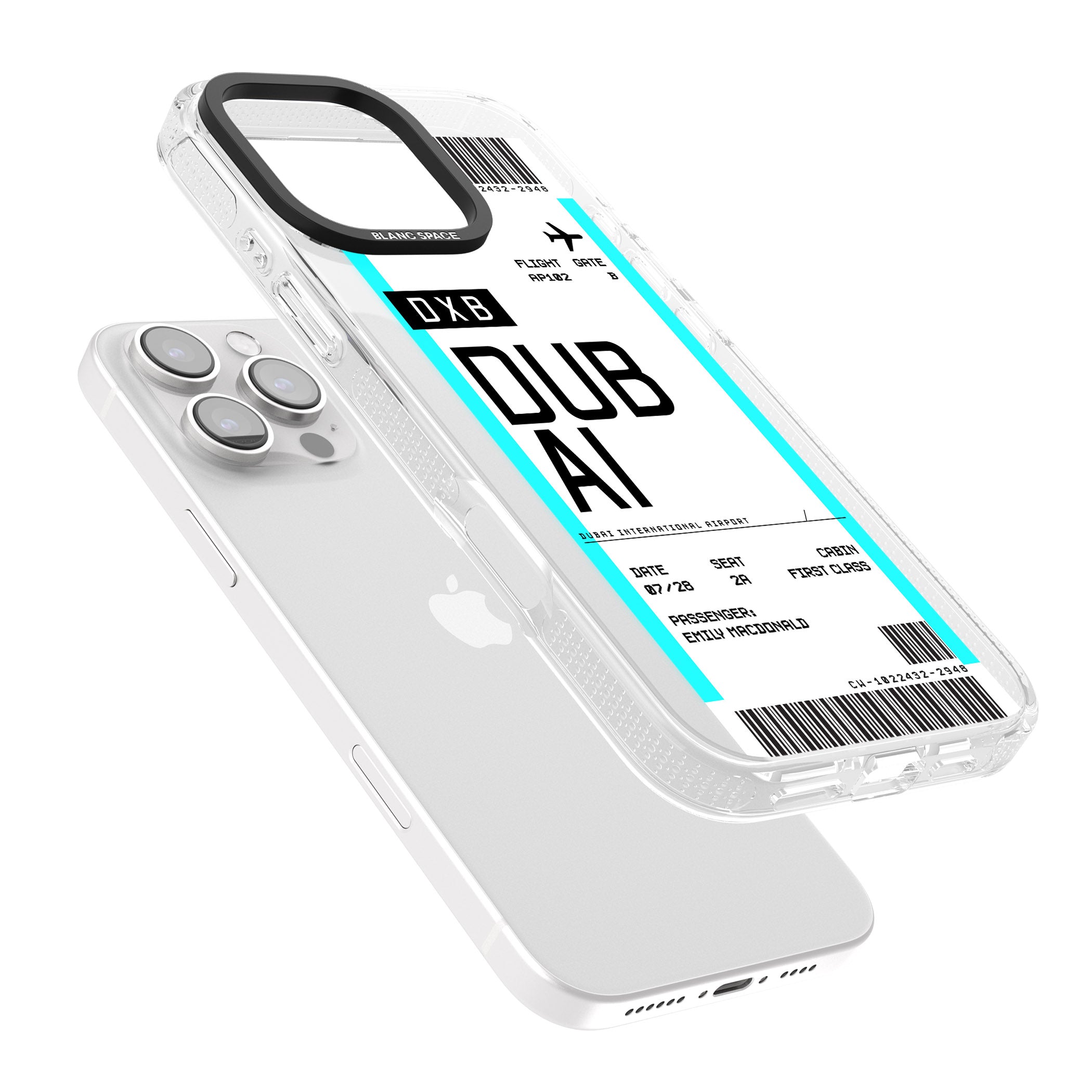 Personalised Dubai Boarding Pass iPhone 16 Pro Max / 16 Pro Clear Case Impact Air - Blanc Space