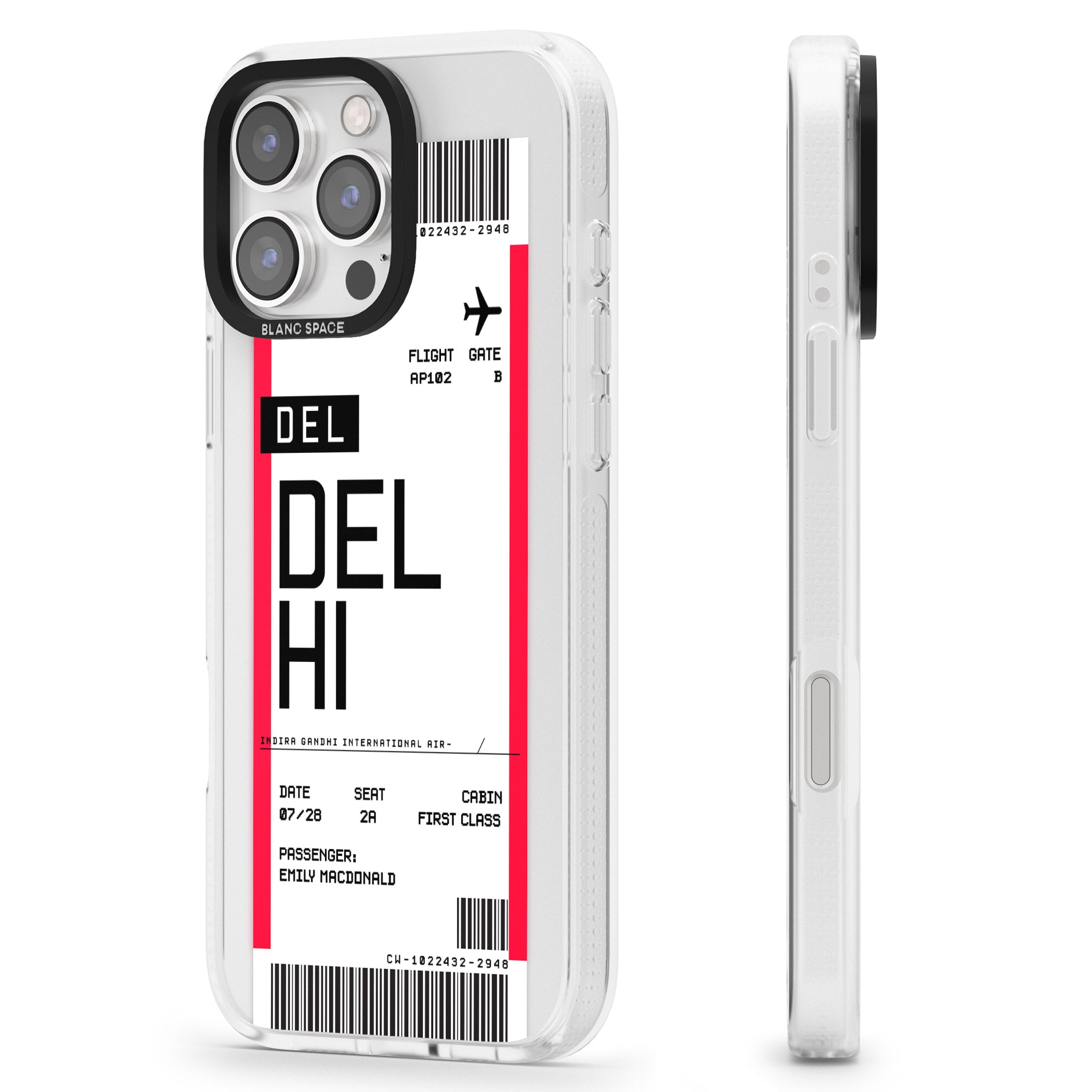Personalised Delhi Boarding Pass iPhone 16 Pro Max / 16 Pro Clear Case Impact Air - Blanc Space