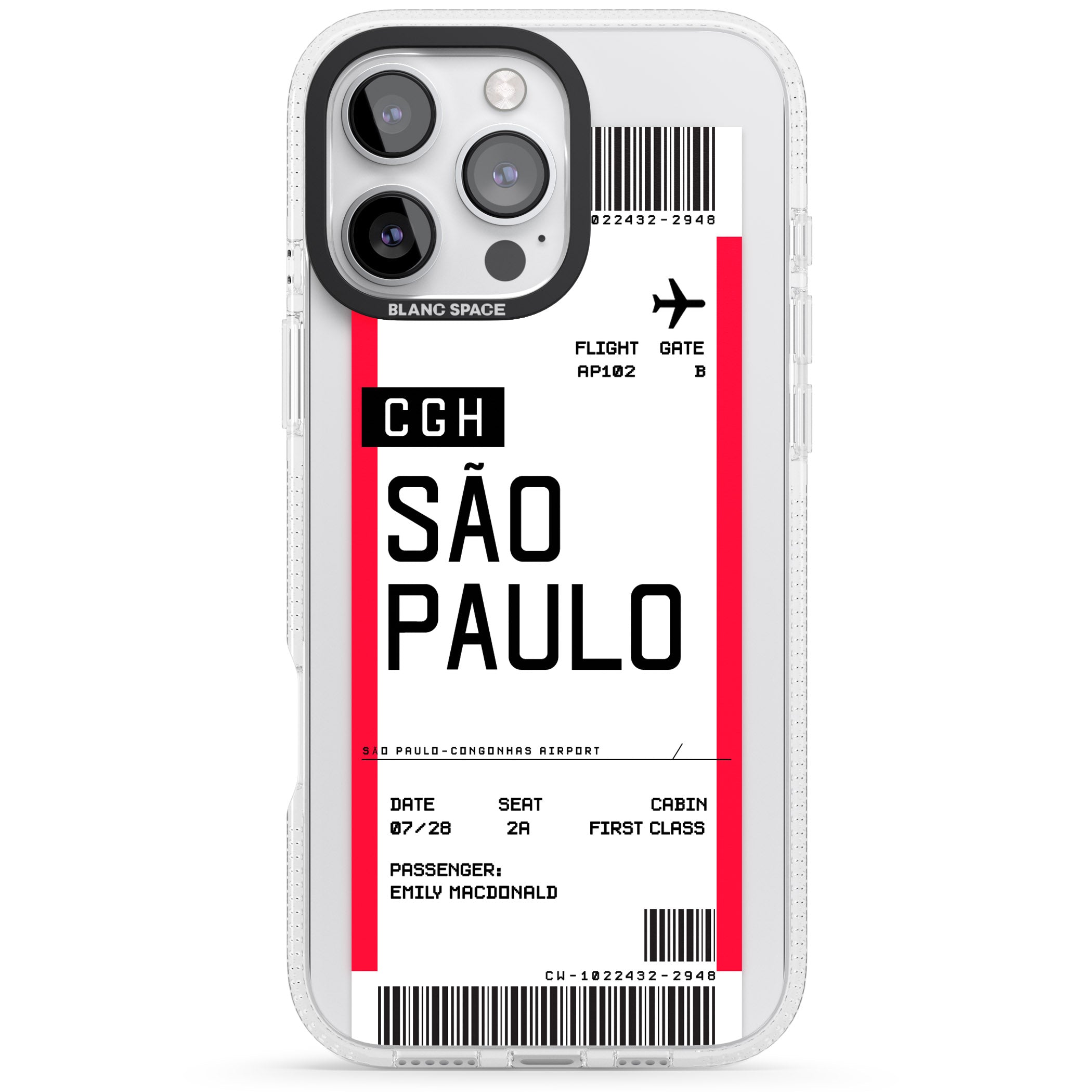 Personalised São Paulo Boarding Pass iPhone 16 Pro Max / 16 Pro Clear Case Impact Air - Blanc Space
