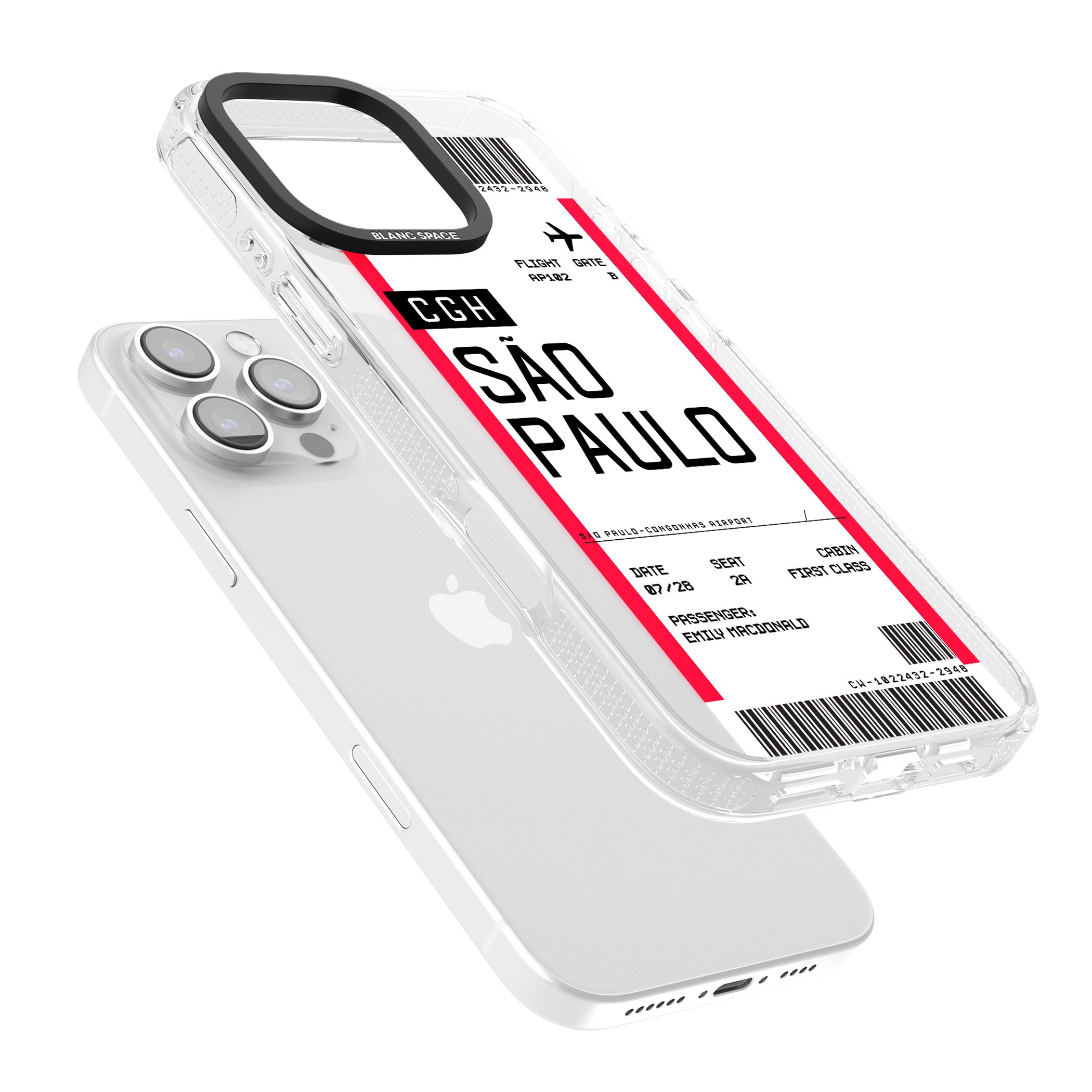 Personalised São Paulo Boarding Pass iPhone 16 Pro Max / 16 Pro Clear Case Impact Air - Blanc Space