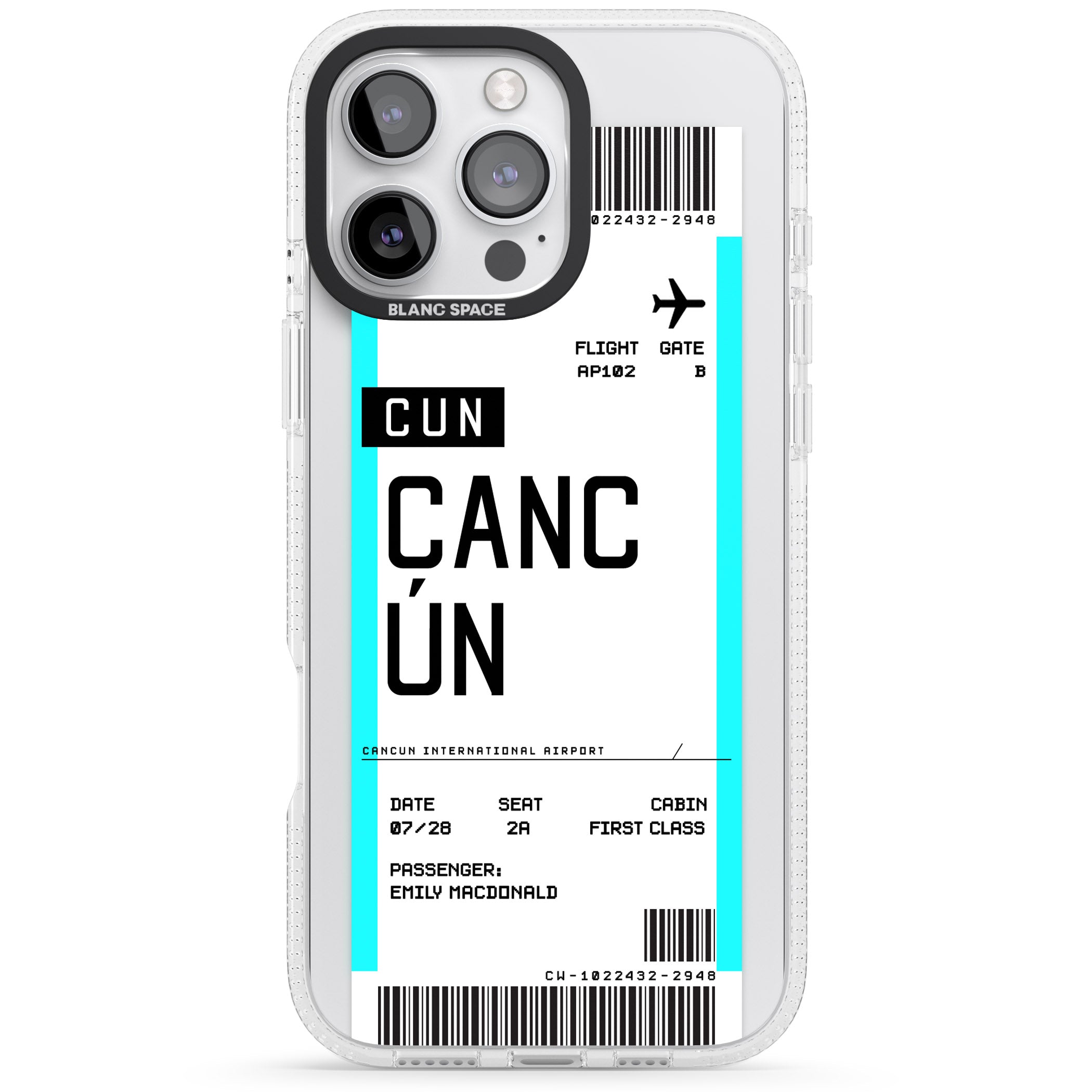 Personalised Cancún Boarding Pass iPhone 16 Pro Max / 16 Pro Clear Case Impact Air - Blanc Space