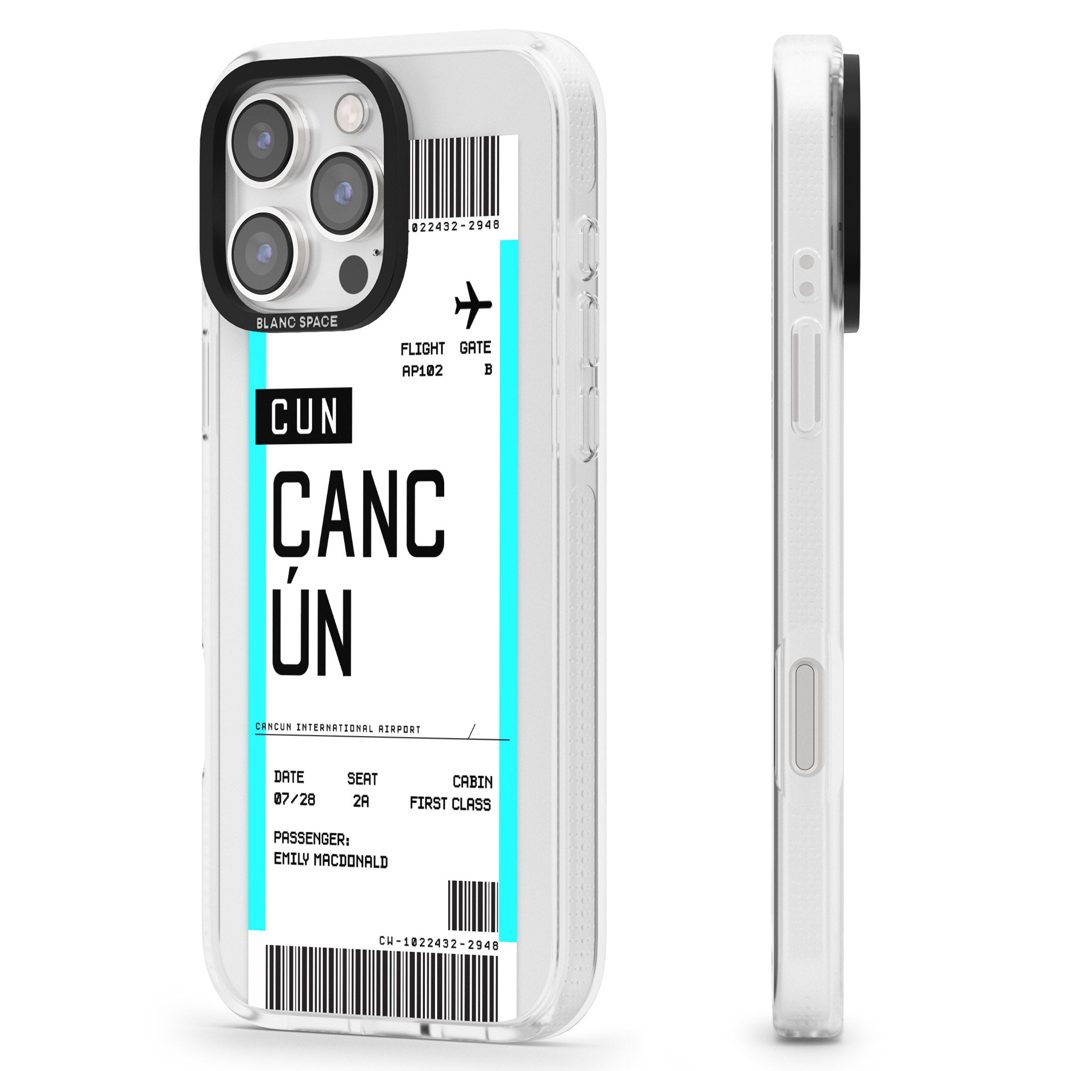 Personalised Cancún Boarding Pass iPhone 16 Pro Max / 16 Pro Clear Case Impact Air - Blanc Space