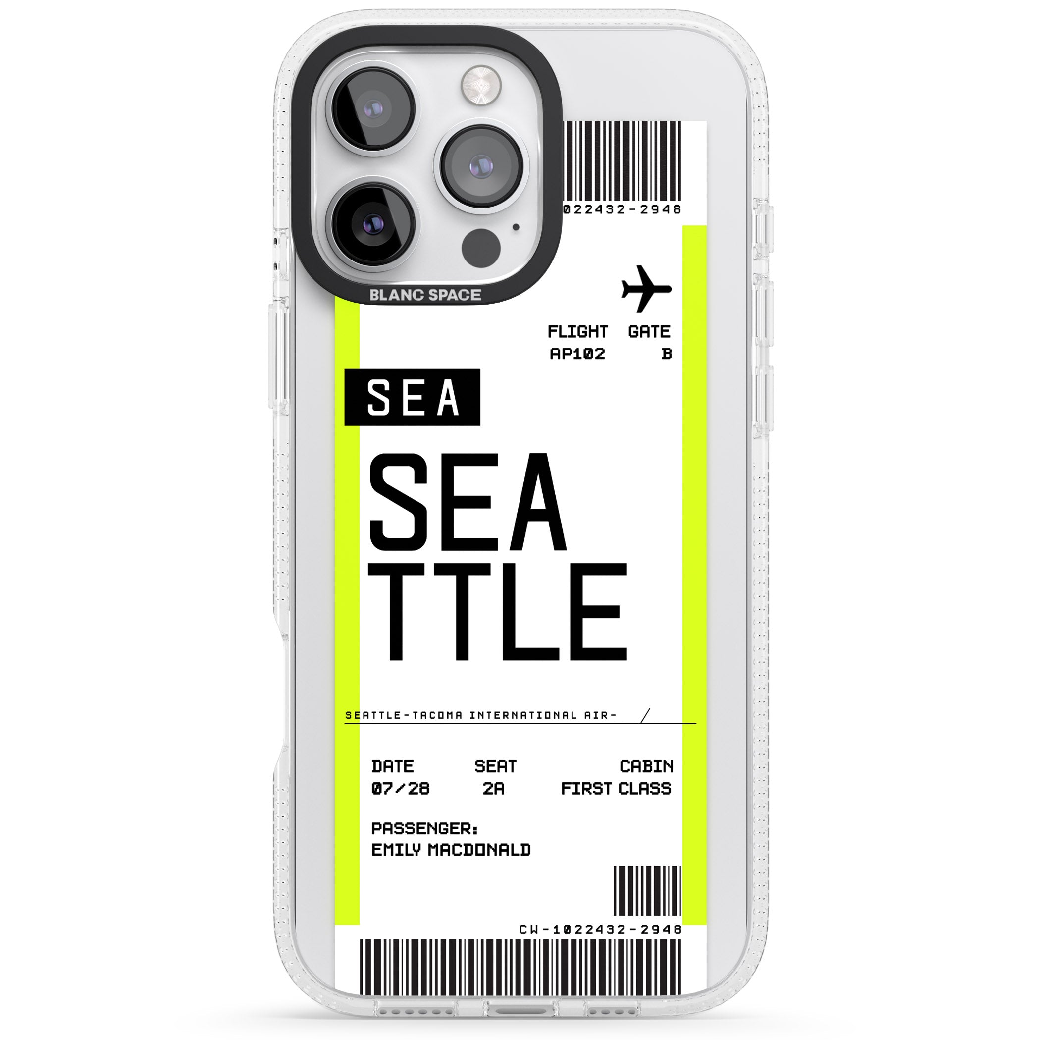 Personalised Seattle Boarding Pass iPhone 16 Pro Max / 16 Pro Clear Case Impact Air - Blanc Space