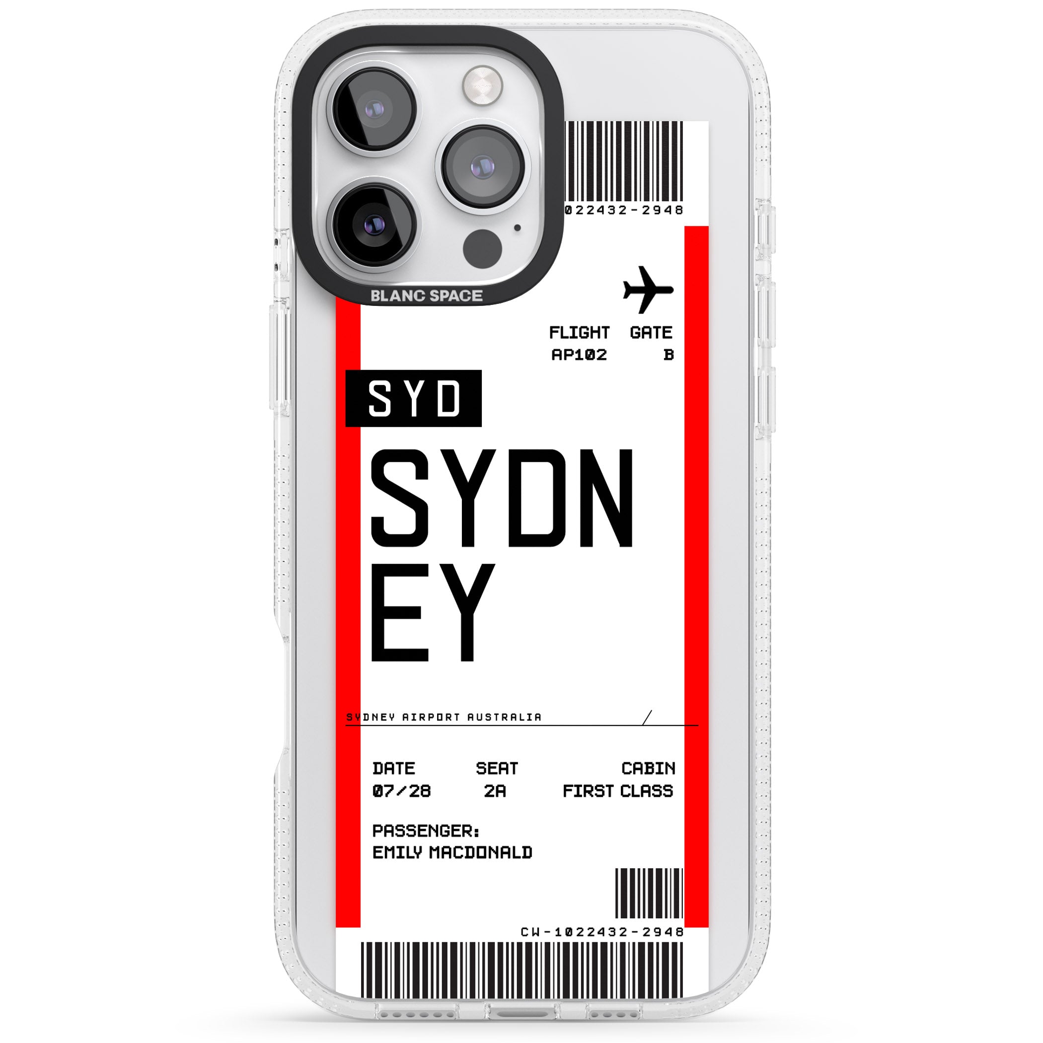 Personalised Sydney Boarding Pass iPhone 16 Pro Max / 16 Pro Clear Case Impact Air - Blanc Space