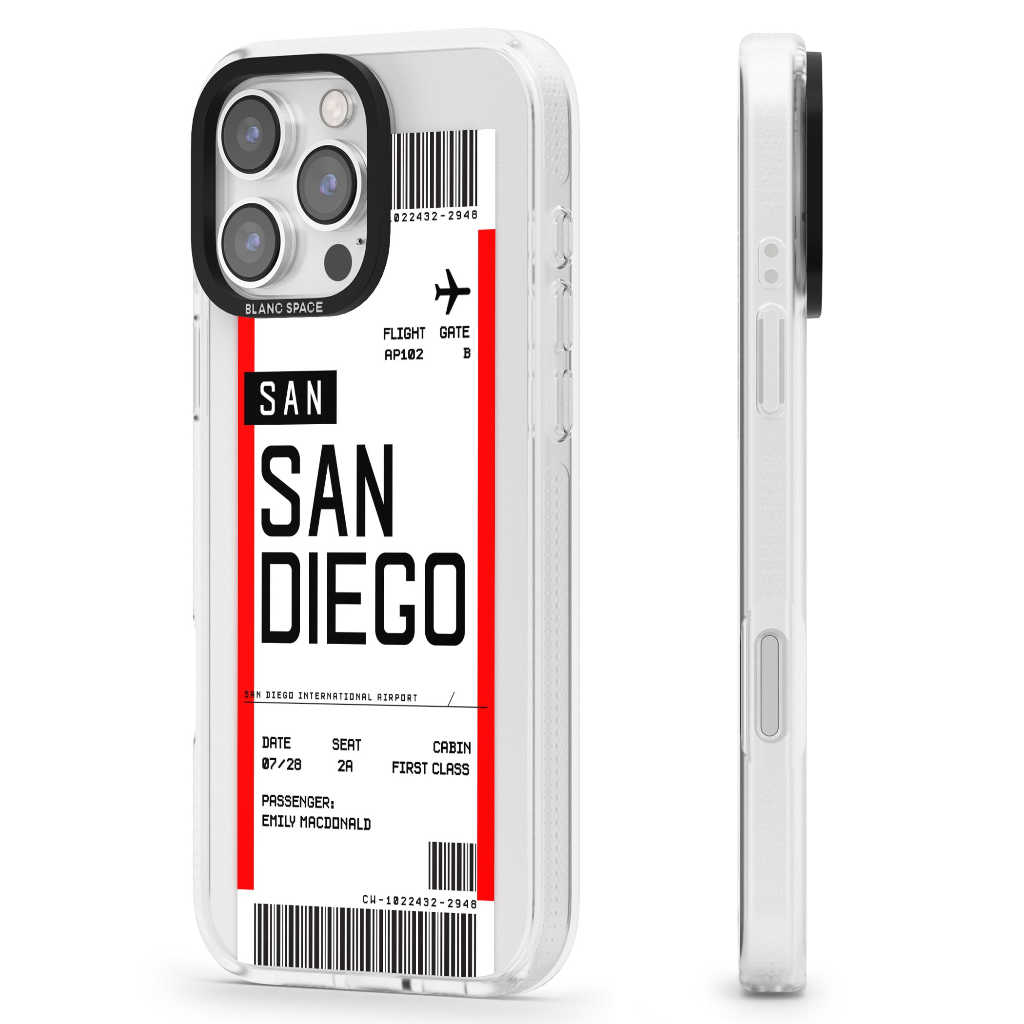 Personalised San Diego Boarding Pass iPhone 16 Pro Max / 16 Pro Clear Case Impact Air - Blanc Space